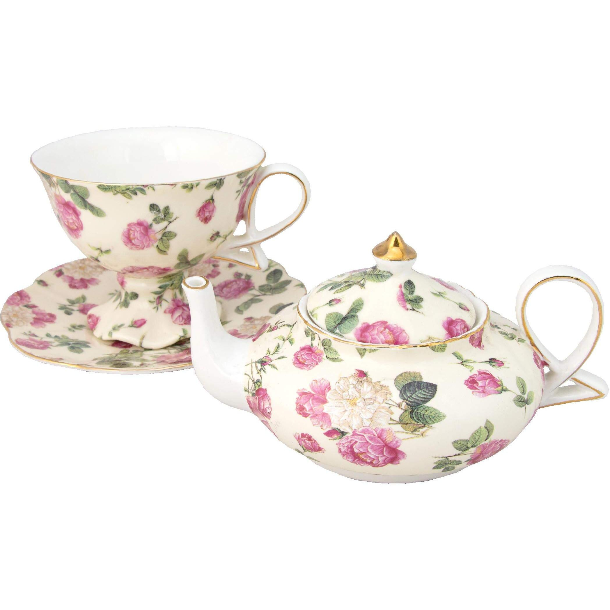 Gracie China By Coastline Imports 4-Piece Porcelain Tea For One, Stacked Teapot Cup Saucer, Pink Rose Bouquet Chintz