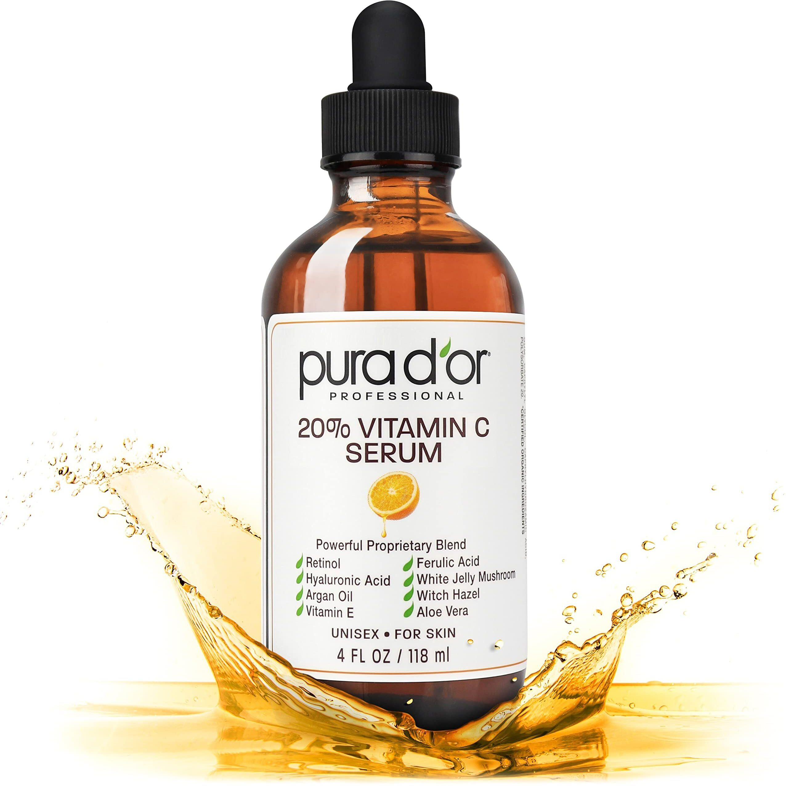 Pura D'Or 20% Vitamin C Serum (4Oz Best Value) Lightweight Maximum Strength Formula,Hyaluronic Acid,Retinol,Professional Grade Treatment For Face & Eyes,Dark Spots,Acne,Wrinkles,For Men & Women