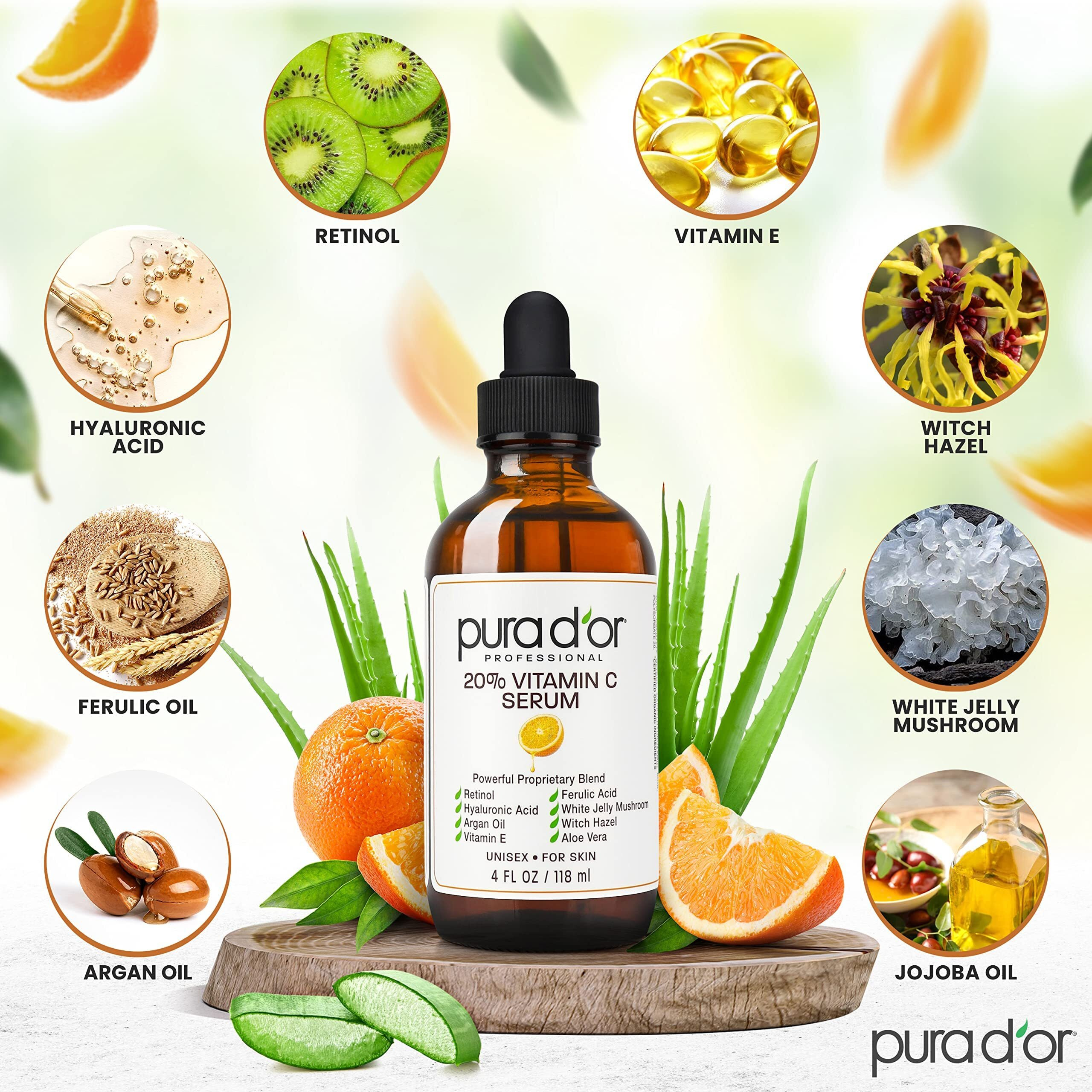 Pura D'Or 20% Vitamin C Serum (4Oz Best Value) Lightweight Maximum Strength Formula,Hyaluronic Acid,Retinol,Professional Grade Treatment For Face & Eyes,Dark Spots,Acne,Wrinkles,For Men & Women