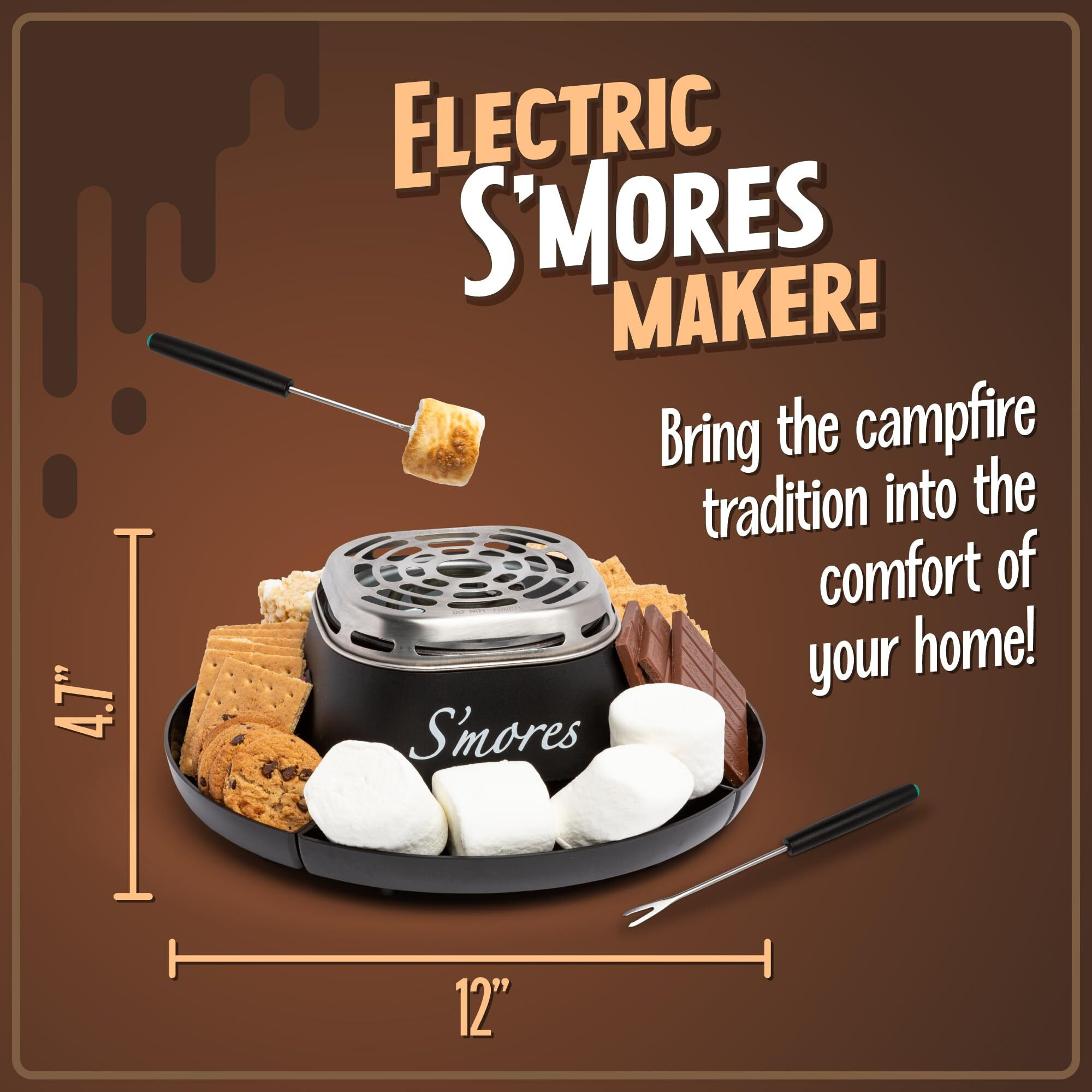 Nostalgia Tabletop Indoor Electric S'Mores Maker - Smores Kit With Marshmallow Roasting Sticks And 4 Trays For Graham Crackers, Chocolate, And Marshmallows - Movie Night Supplies - Black
