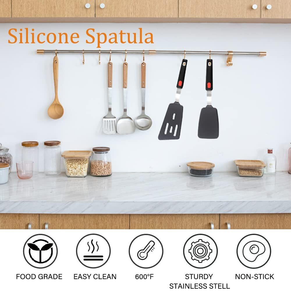 Silicone Spatula Turner Set Of 2, 600F Heat Resistant Cooking Spatulas For Nonstick Cookware, Kitchen Utensils Use Spatula Flippers Rubber Fish Spatulas Set For Egg, Cookie, Pancake, Fish, Burger