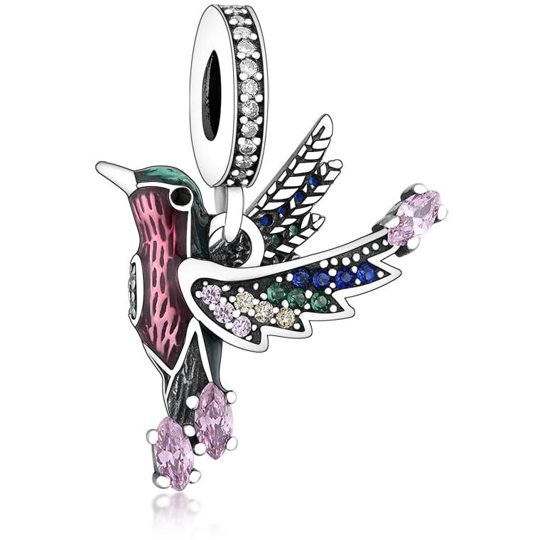 Hummingbird Charm For Bracelet, Sterling Silver Charm, Beaded Hummingbird Charm, Fine Hummingbird Charm, Fit To Pandora