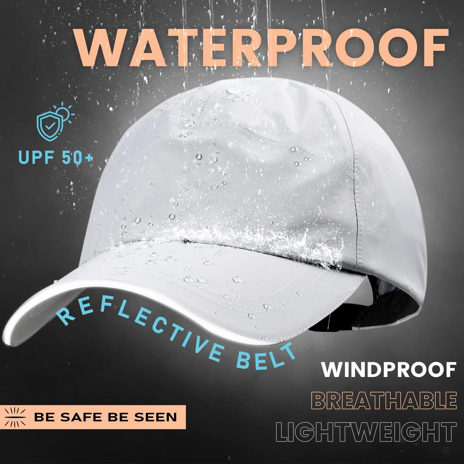 Mens Waterproof Baseball Cap Womens Rain Hat Foldable Outdoor Running Sun Fishing Hat Off-White