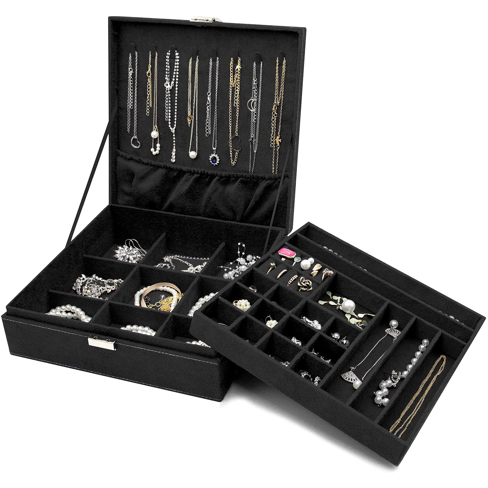 Procase Velvet Jewelry Box Organizer For Women, 2 Layer Jewelry Display Storage Holder Case For Necklace Earrings Bracelets Rings, Mother's Day Gift -Black