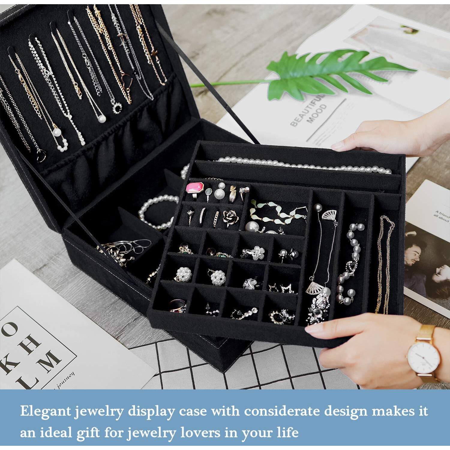 Procase Velvet Jewelry Box Organizer For Women, 2 Layer Jewelry Display Storage Holder Case For Necklace Earrings Bracelets Rings, Mother's Day Gift -Black