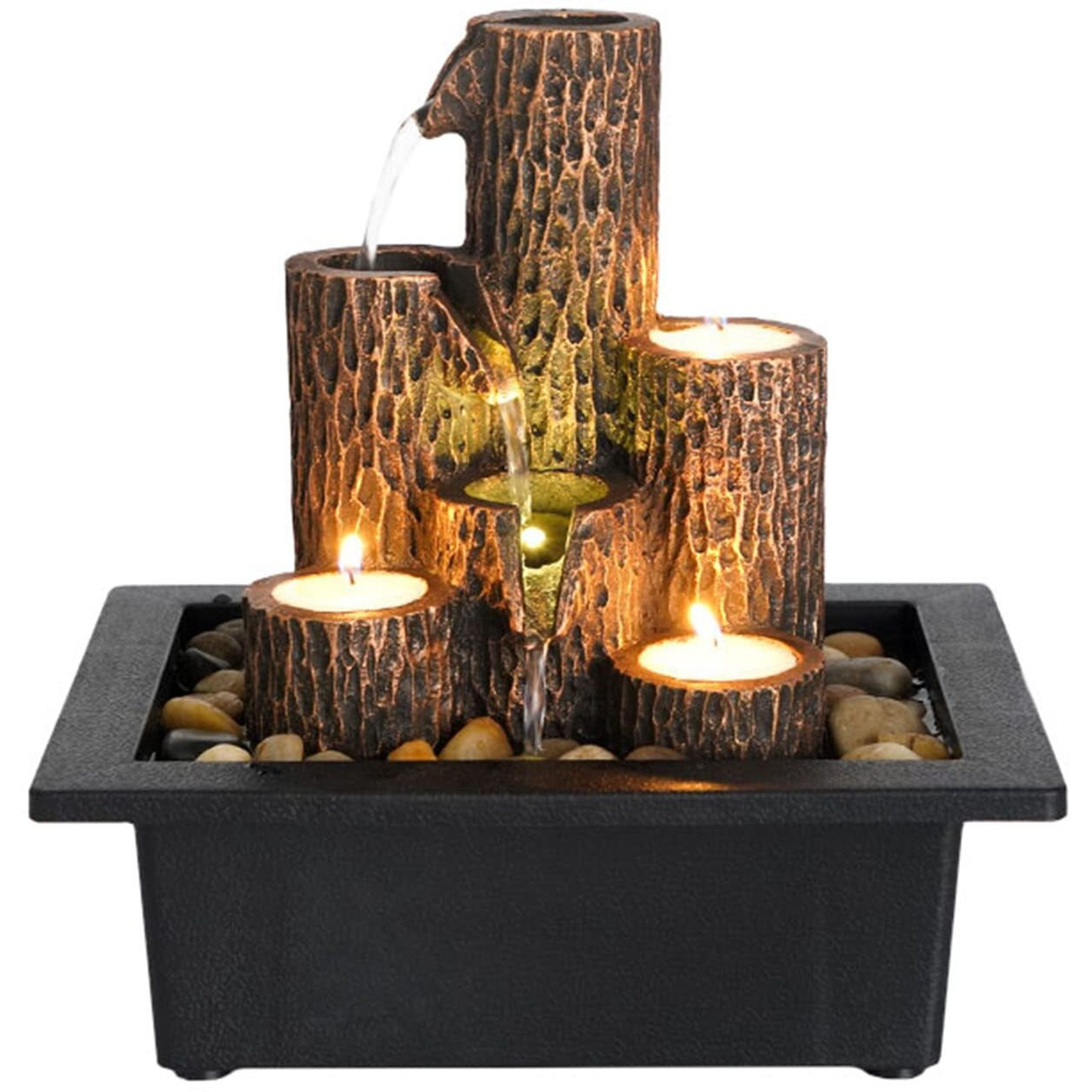 Indoor Tabletop Water Fountain, 3 Tier Lotus Leaf Desktop Fountain With On/Off Switch And Natural River Rocks, Zen Relaxation For Office Living Room Bedroom D  Cor (D)