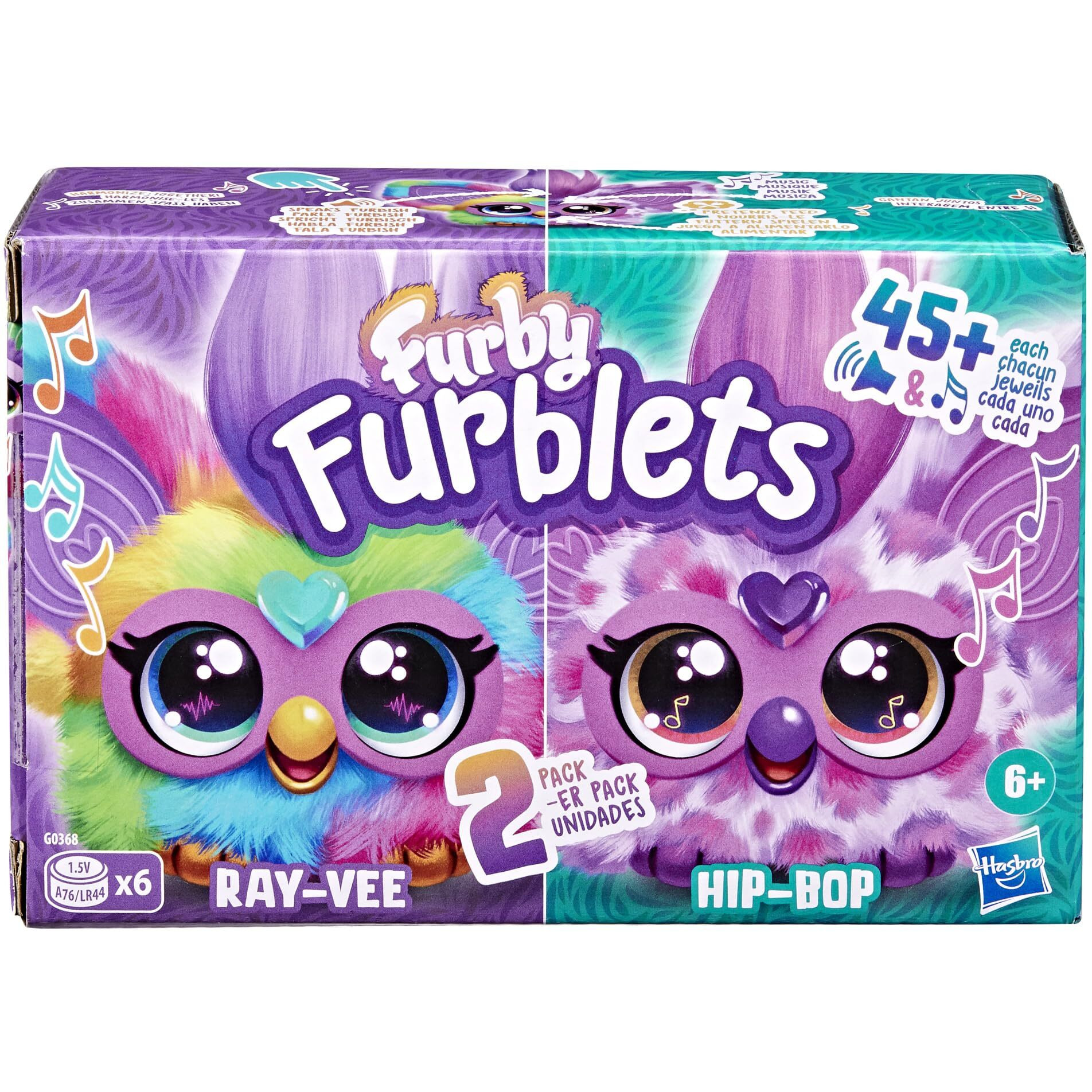 Furby Furblets 2-Pack, Mini Friends Ray-Vee & Hip-Bop, 45+ Sounds Each, Music & Furbish Phrases, Electronic Plush Toys, Rainbow & Pink/Purple, Ages 6+