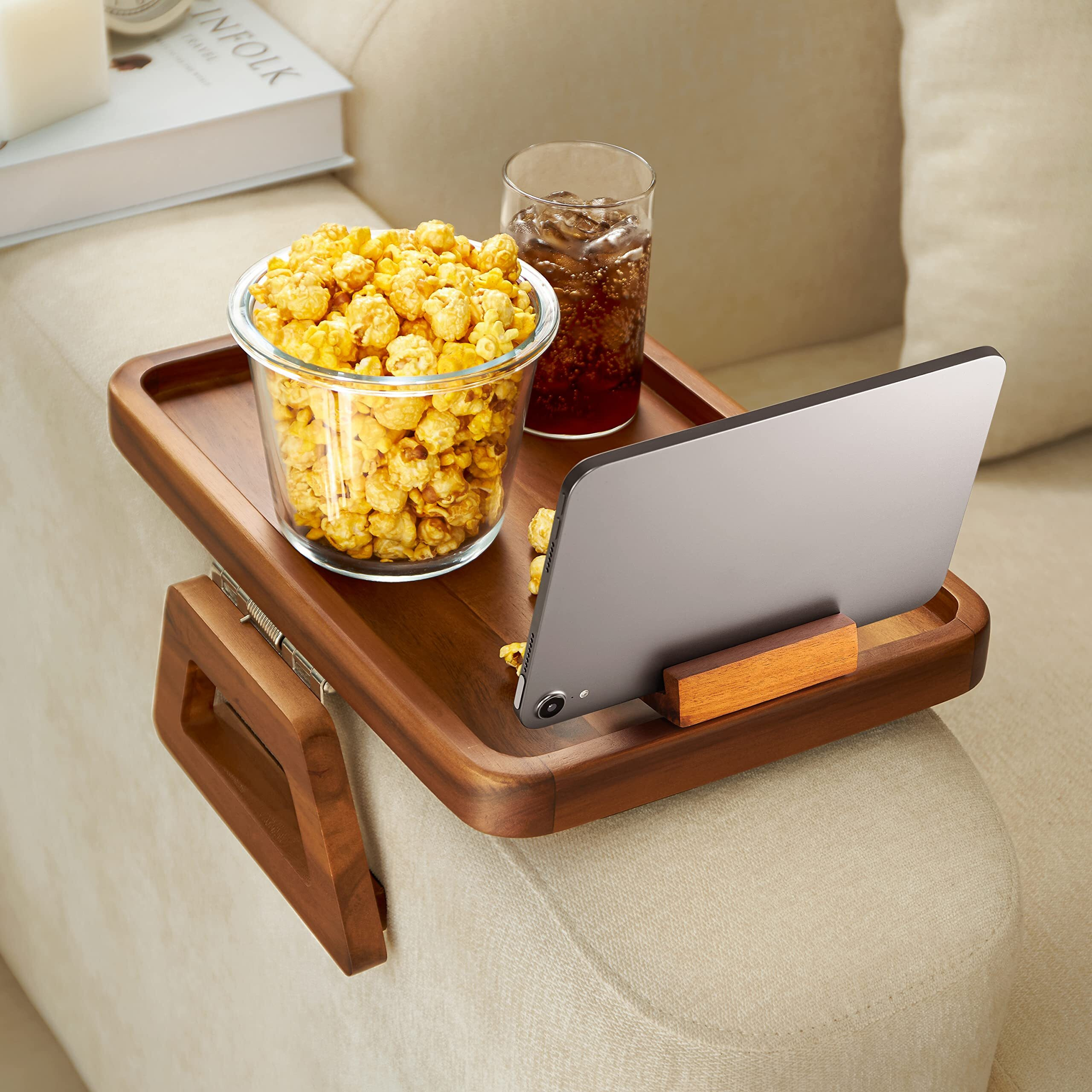Tinamo Acacia Wood Sofa Armrest Tray -Sofa Arm Tray Table Clip - Couch Arm Table For Wide Couches - Wooden Side Tables 360Rotating Bracket Phone Holder (With Phone Holder)