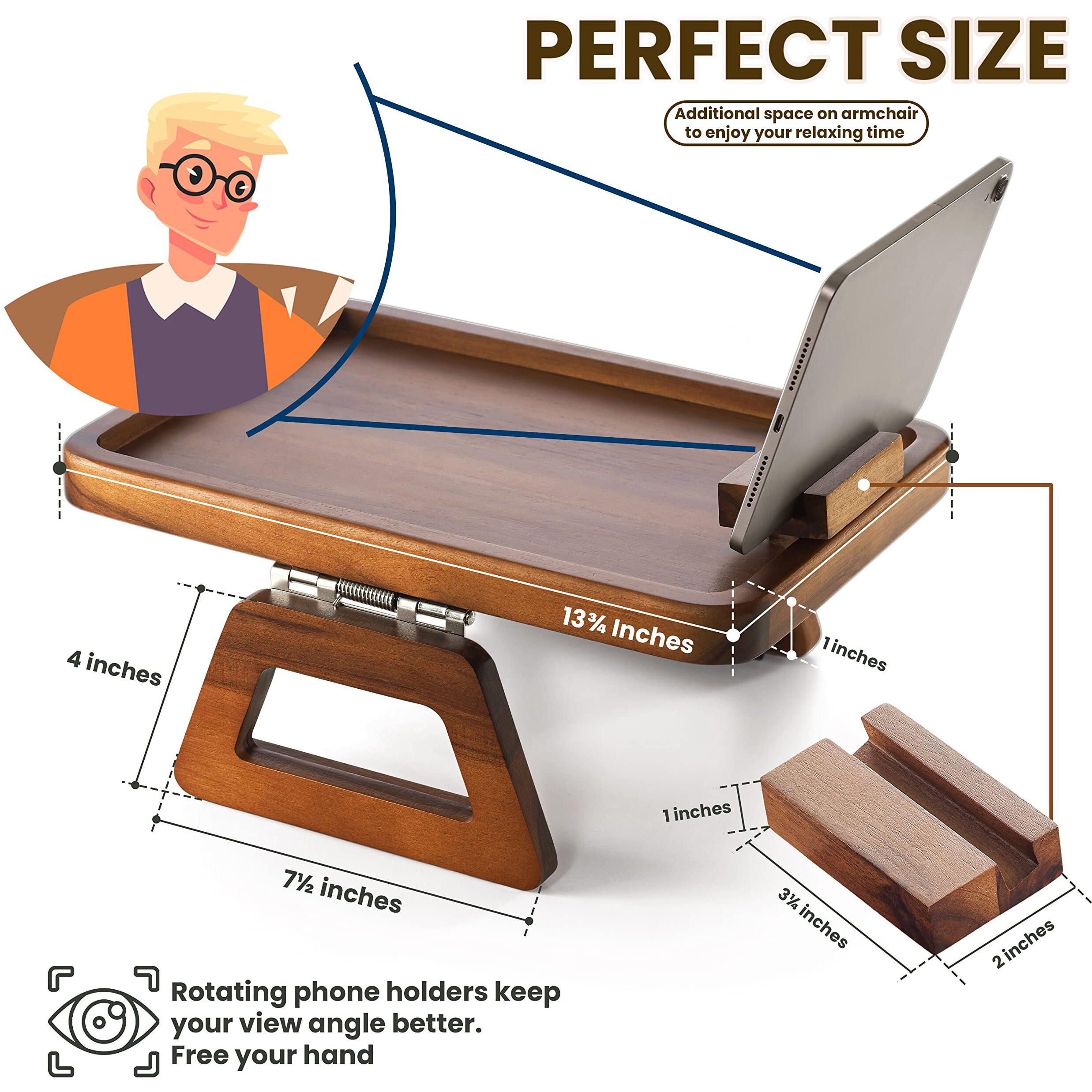Tinamo Acacia Wood Sofa Armrest Tray -Sofa Arm Tray Table Clip - Couch Arm Table For Wide Couches - Wooden Side Tables 360Rotating Bracket Phone Holder (With Phone Holder)