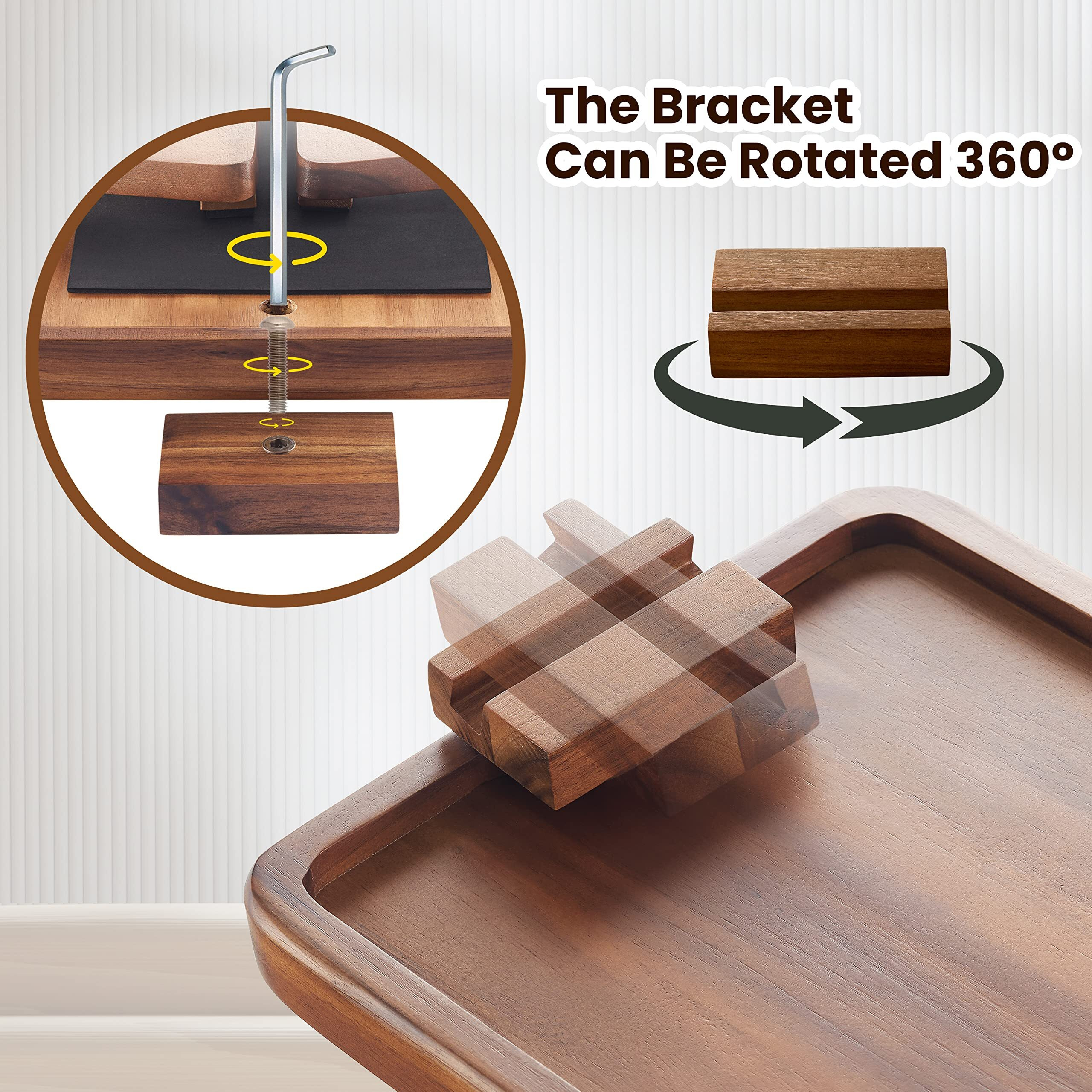 Tinamo Acacia Wood Sofa Armrest Tray -Sofa Arm Tray Table Clip - Couch Arm Table For Wide Couches - Wooden Side Tables 360Rotating Bracket Phone Holder (With Phone Holder)