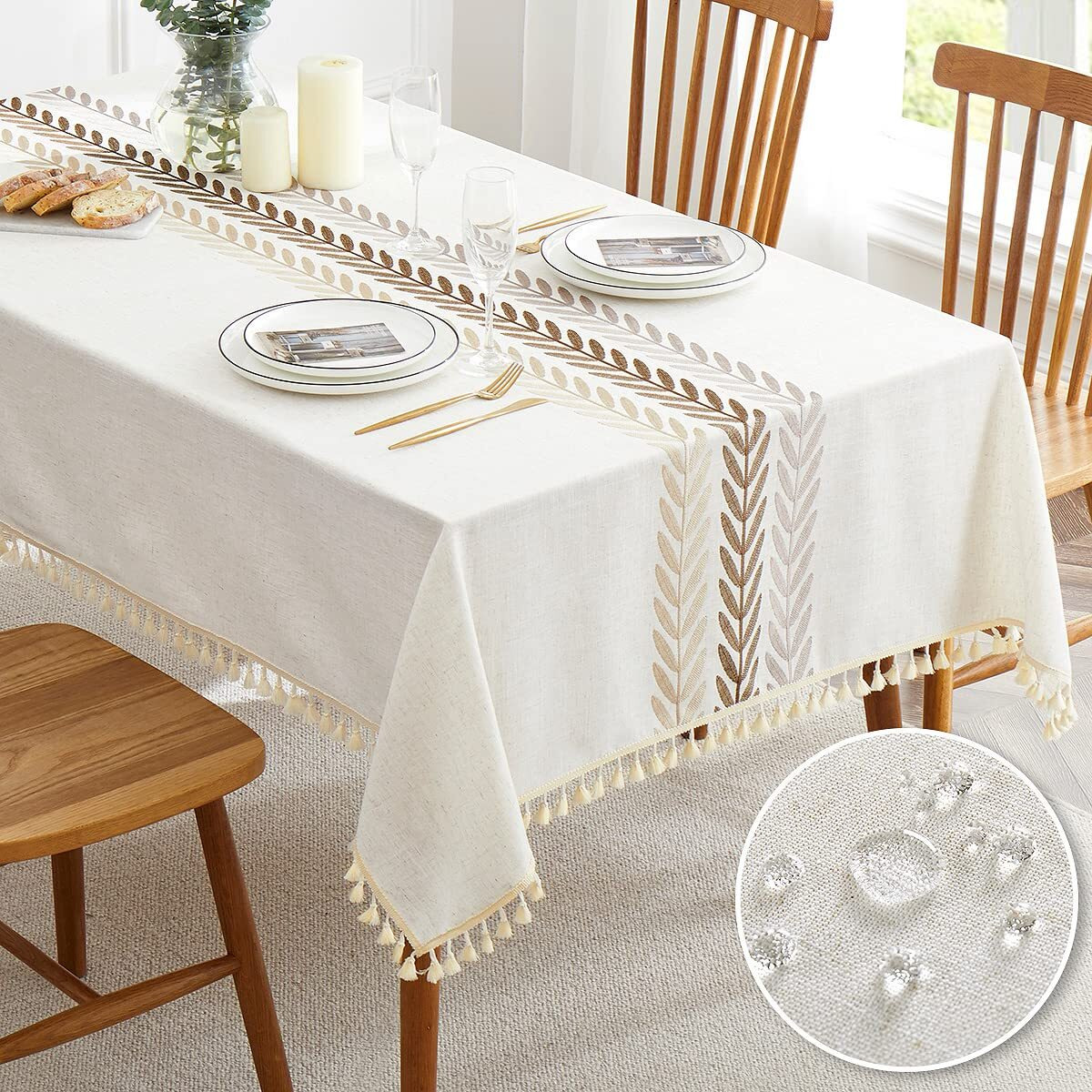 Qianquhui Embroidered Tablecloth For Dining Table,Dust Proof Spillproof Soil Resistant Cotton Linen Rectangle Table Cloths (Coffee Wheat, Rectangle/Oblong, 55'X86'', 6-8 Seats)
