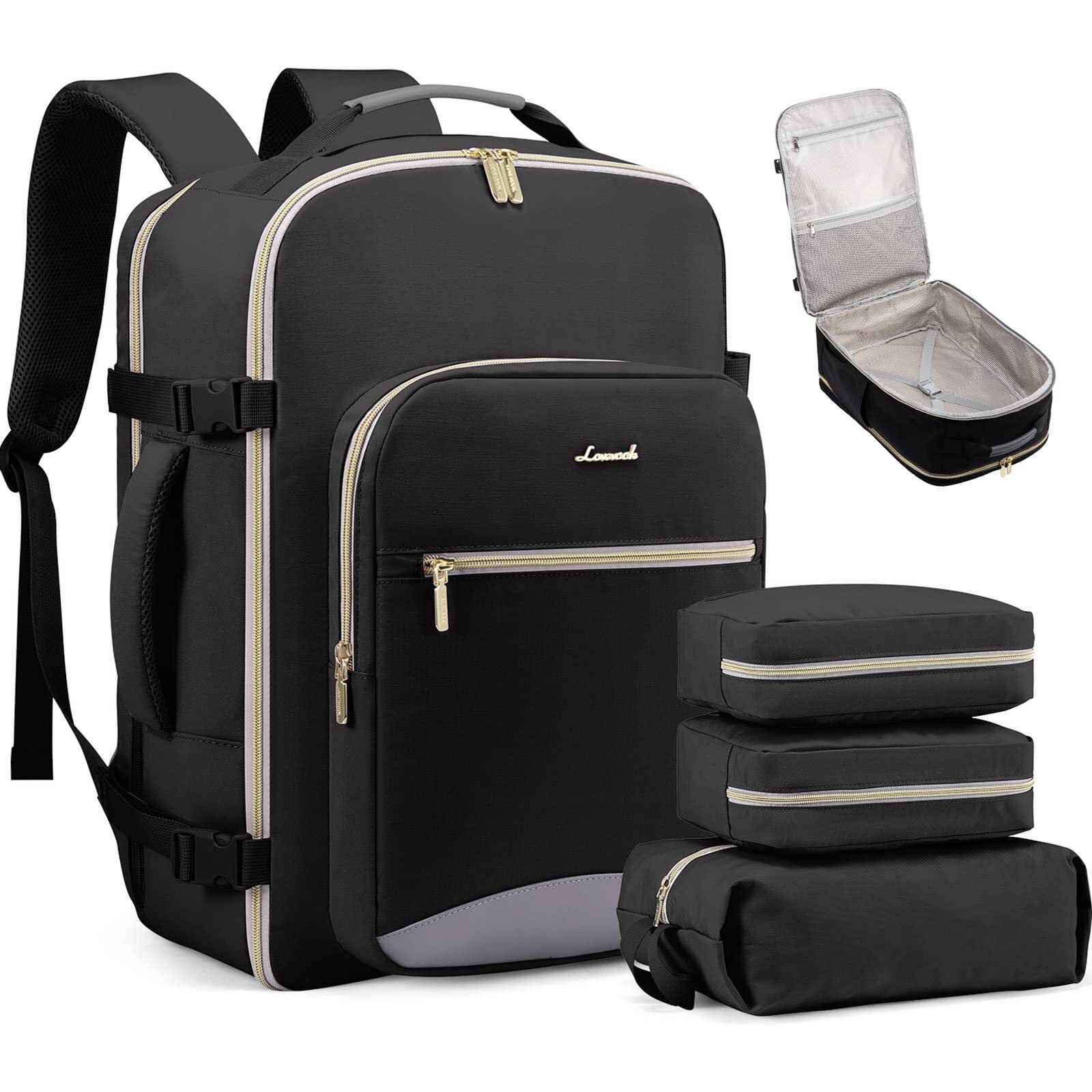 Lovevook Carry On Backpack Women Men As Personal Item Flight Approved, 40L Luggage, 17.3Inch Large Daypack Laptop Waterproof Outdoor Sports Travel With 3 Packing Cubes, Black