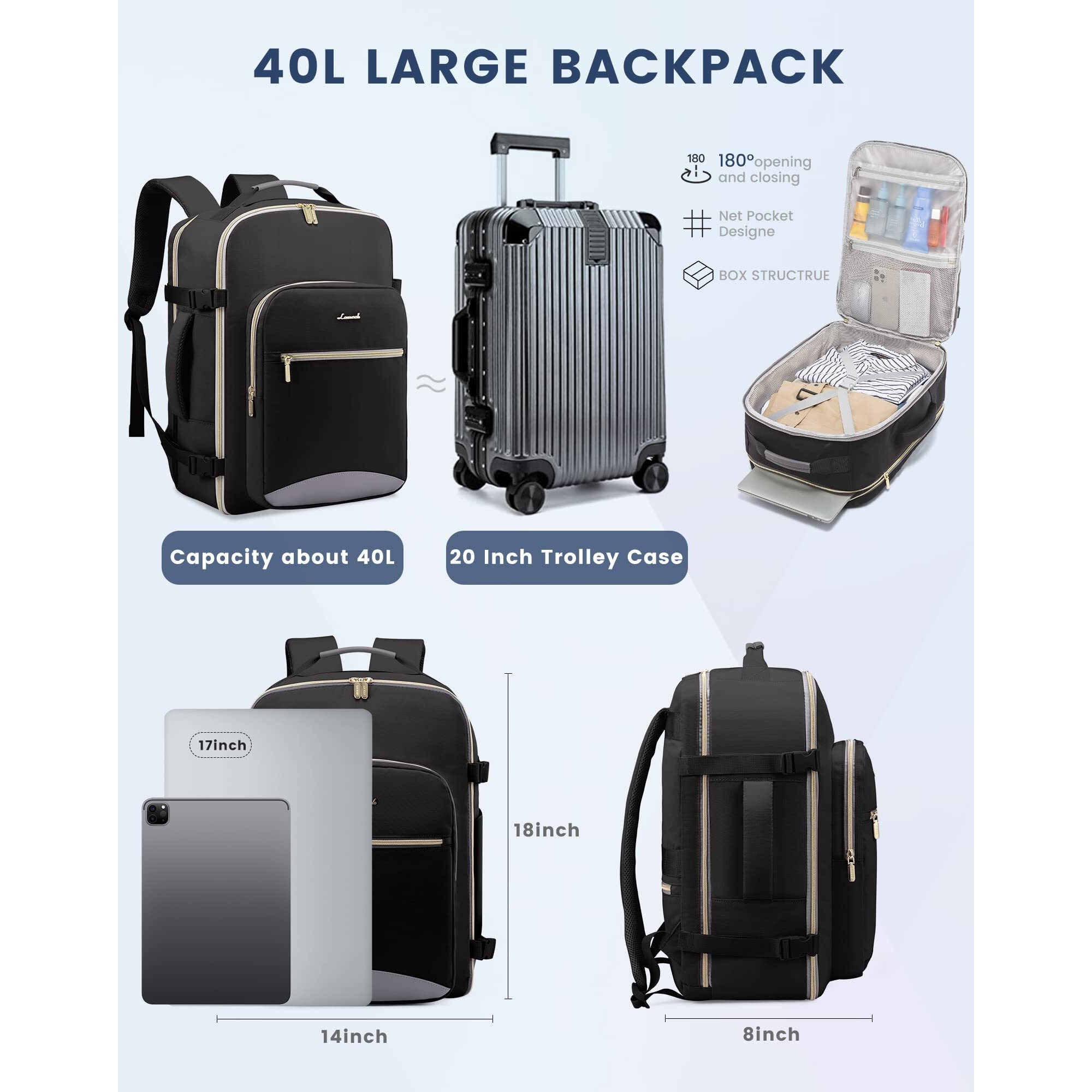Lovevook Carry On Backpack Women Men As Personal Item Flight Approved, 40L Luggage, 17.3Inch Large Daypack Laptop Waterproof Outdoor Sports Travel With 3 Packing Cubes, Black