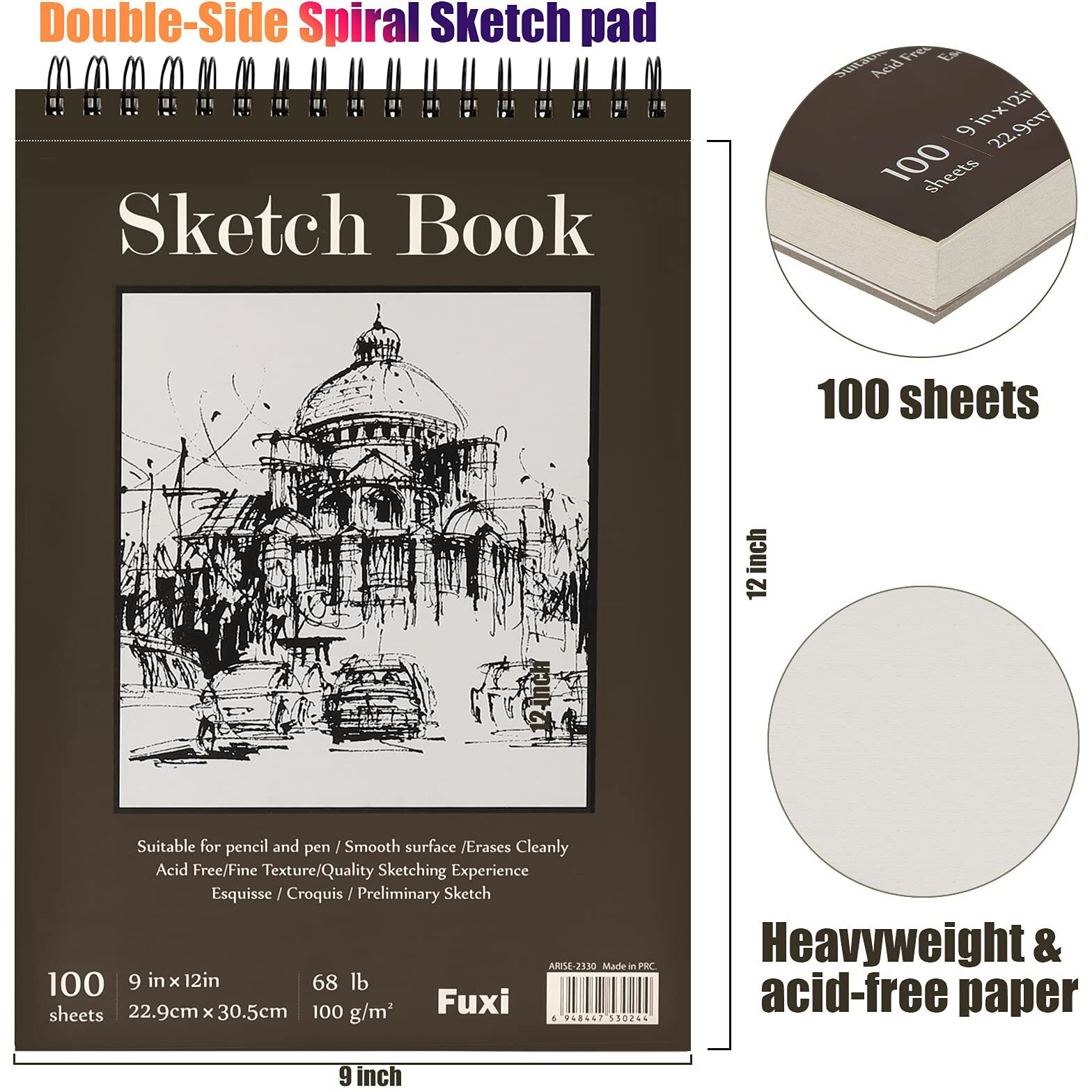 9 X 12 Inches Sketch Book, Top Spiral Bound Sketch Pad, 1 Pack 100-Sheets (68Lb/100Gsm), Acid Free Art Sketchbook Artistic Drawing Painting Writing Paper For Kids Adults Beginners Artists