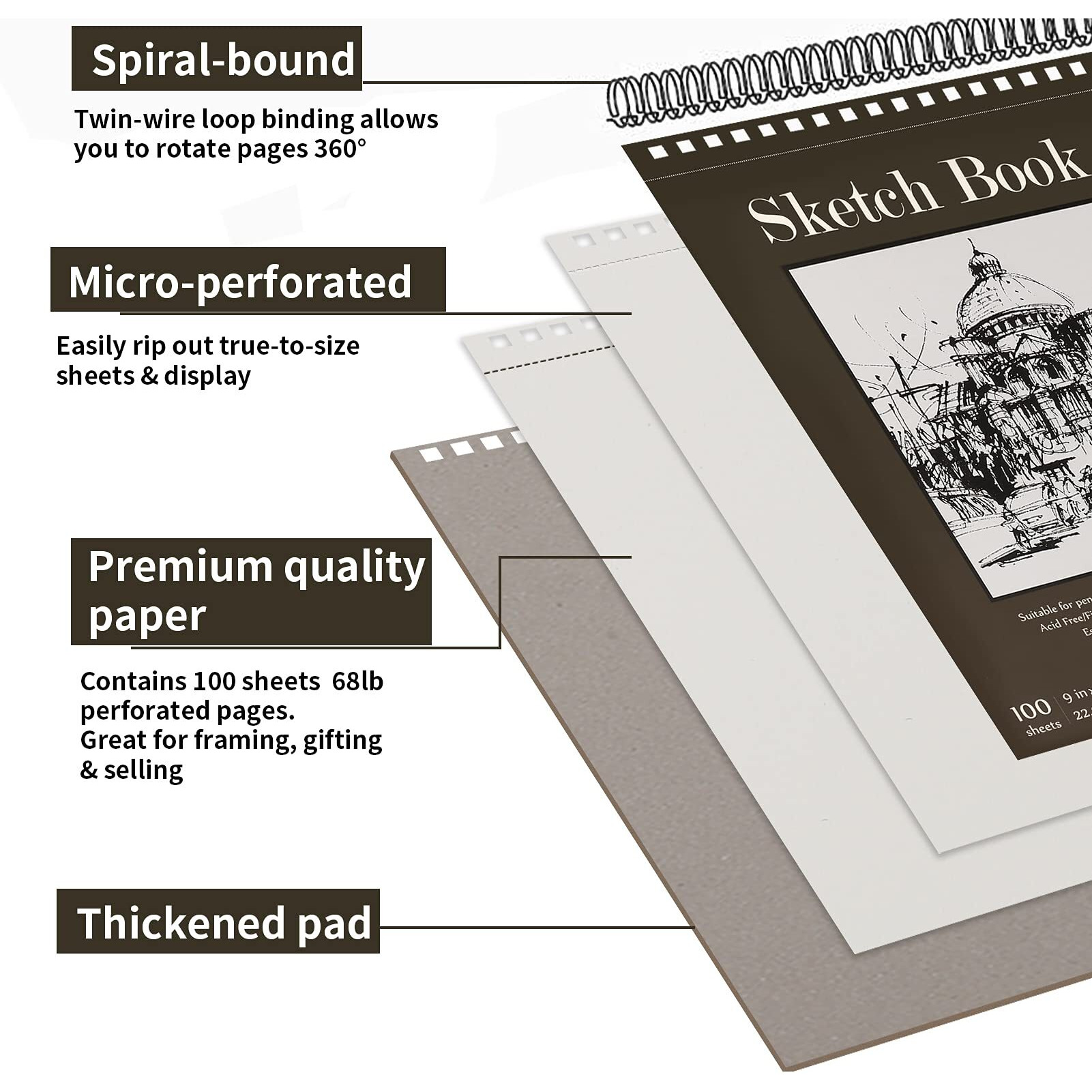 9 X 12 Inches Sketch Book, Top Spiral Bound Sketch Pad, 1 Pack 100-Sheets (68Lb/100Gsm), Acid Free Art Sketchbook Artistic Drawing Painting Writing Paper For Kids Adults Beginners Artists
