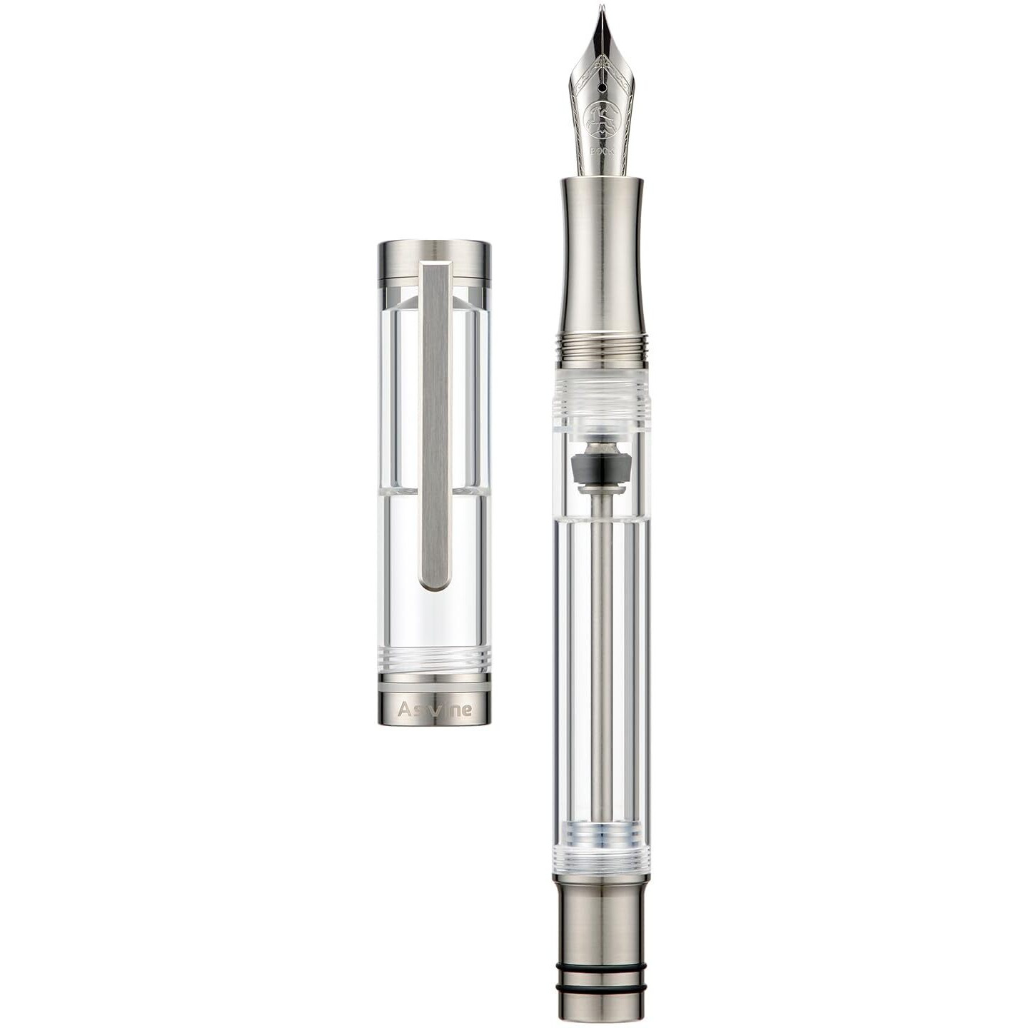 Asvine V200 Titanium Fountain Pen Vacuum Filling, Germany Bock Fine Point Clear Transparent Acrylic Smooth Writing Pen Case