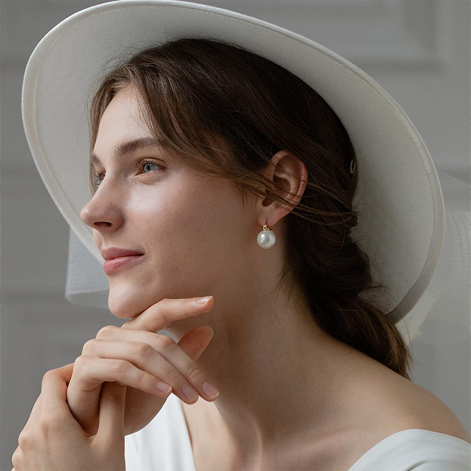 Huge Tomato Akoya White Pearl Drop Earrings, 14Mm Elegant Big Pearl Earrings 925 Sterling Silver 14K Gold Plated Clasp For Women Fashion, Dangle Hoop Earrings For Gift