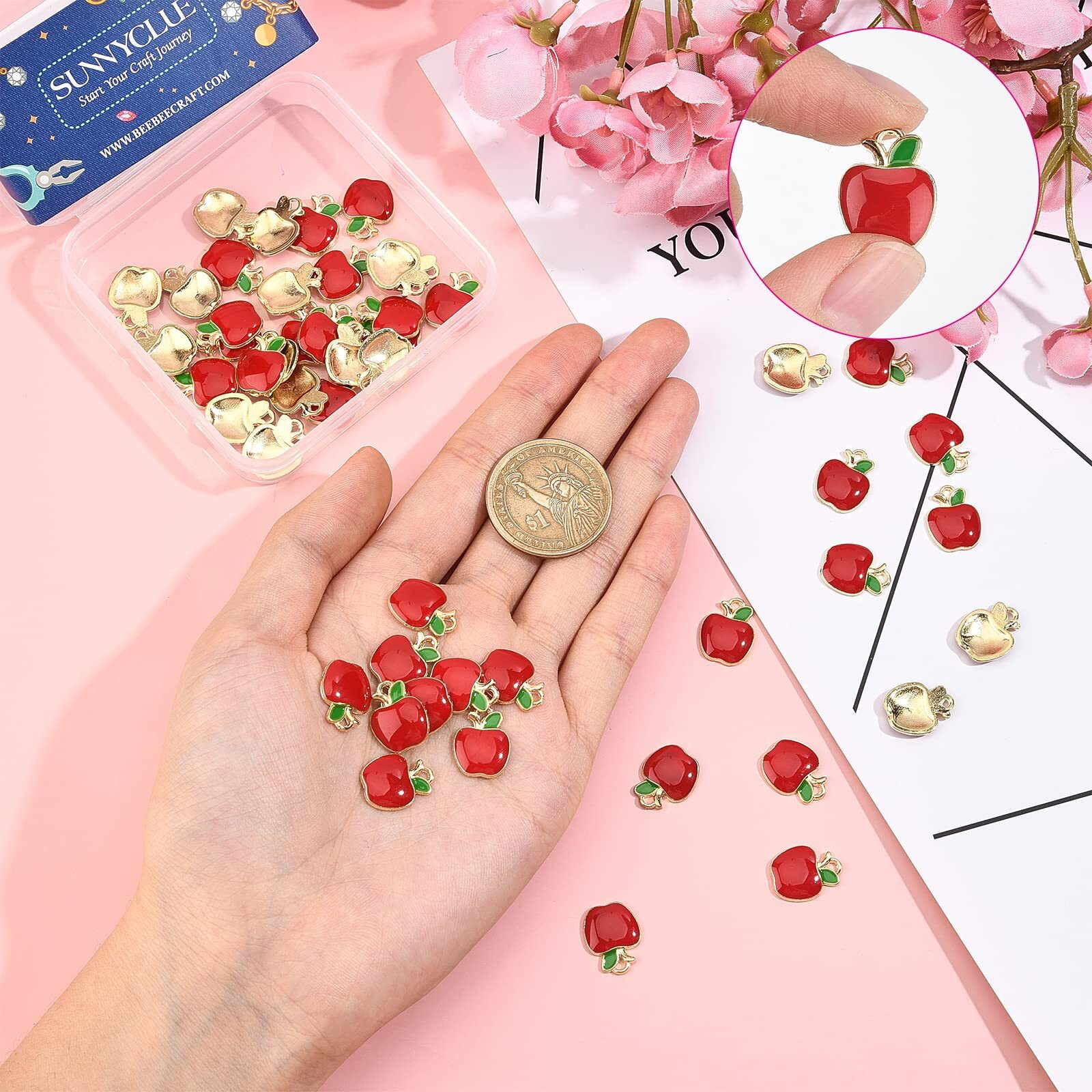 Sunnyclue 1 Box 50Pcs Teacher Charms School Charm Enamel Red Apple Charms Student Lucky Alloy Fruit Charms For Jewelry Making Charm Teacher's Day Gift Earrings Bracelets Necklace Diy Craft Decoration