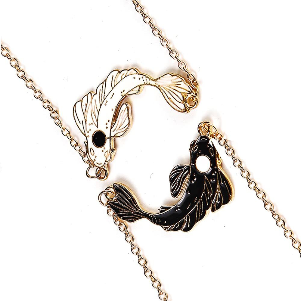 Colorful Bling 2 Pieces Yin Yang Friend Pendant Necklace Dragon Matching Unique Taichi Fish Couple Necklace Cord Bff Friendship Bestie Engagement Bff Jewelry-Fish