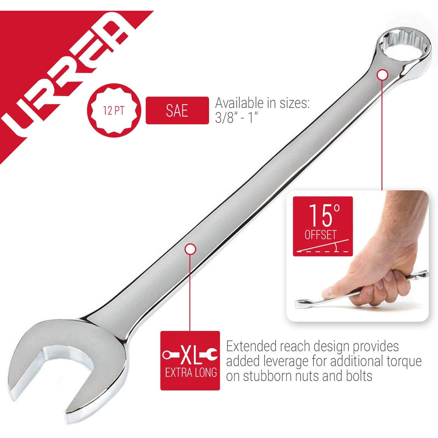 Urrea 12-Point Combination Wrench - 9/16"" Extra Long Mechanics Tool With Extended Reach & Nickel-Chrome Finish - 1218L