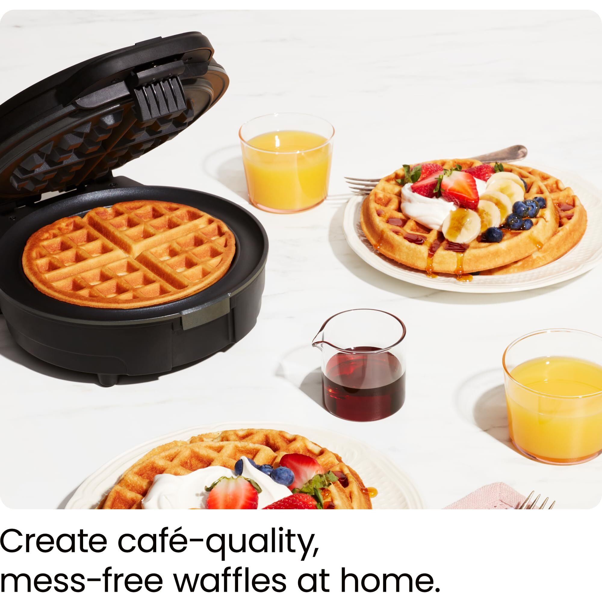 Chefman Anti-Overflow Belgian Waffle Maker W/Shade Selector, Temperature Control, Mess Free Moat, Round Iron W/Nonstick Plates & Cool Touch Handle, Measuring Cup Included, Black, Rj04-Ao-4