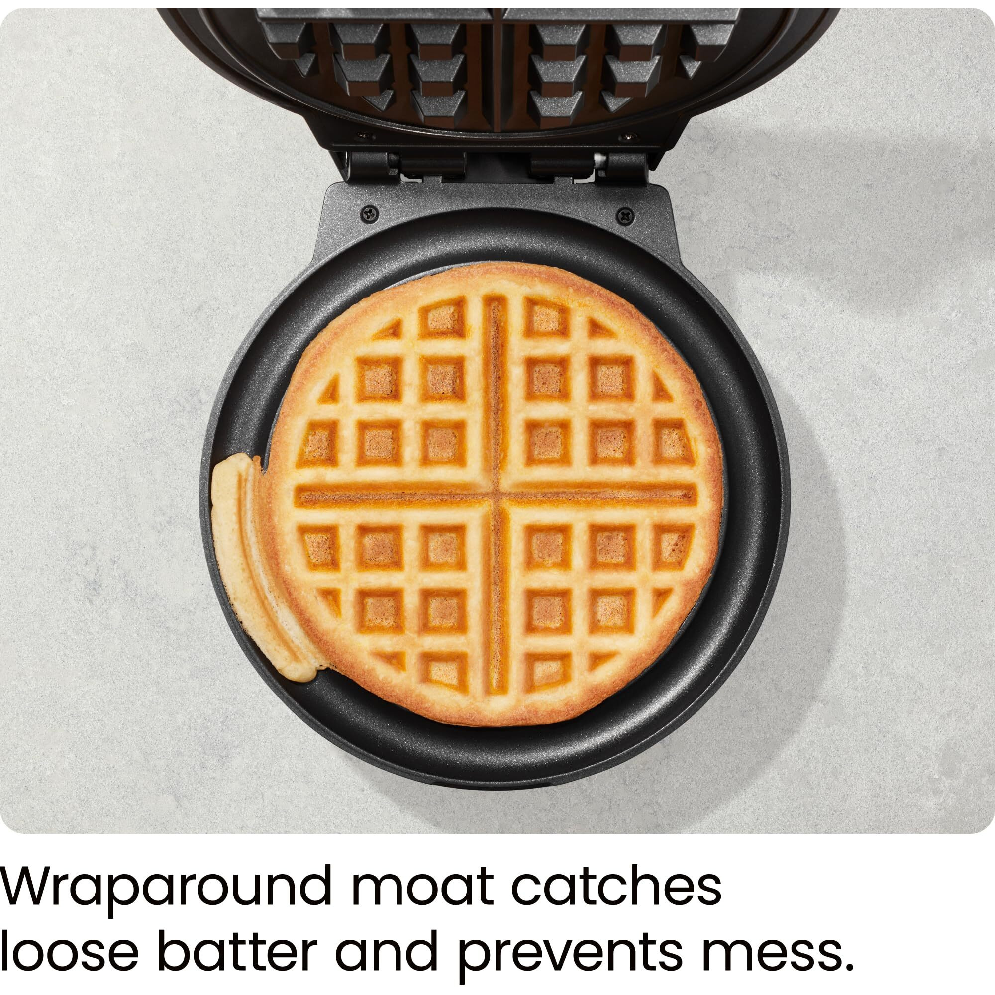 Chefman Anti-Overflow Belgian Waffle Maker W/Shade Selector, Temperature Control, Mess Free Moat, Round Iron W/Nonstick Plates & Cool Touch Handle, Measuring Cup Included, Black, Rj04-Ao-4