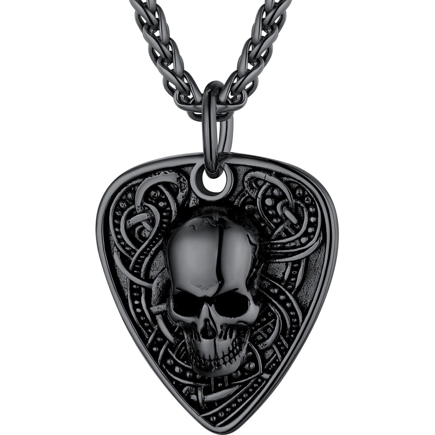 U7 Guitar Pick Necklace For Men Ion Plating Black Stainless Steel Hip Hop Punk Pendant Personalized Gothic Skull Guitar Picks Necklaces 22""