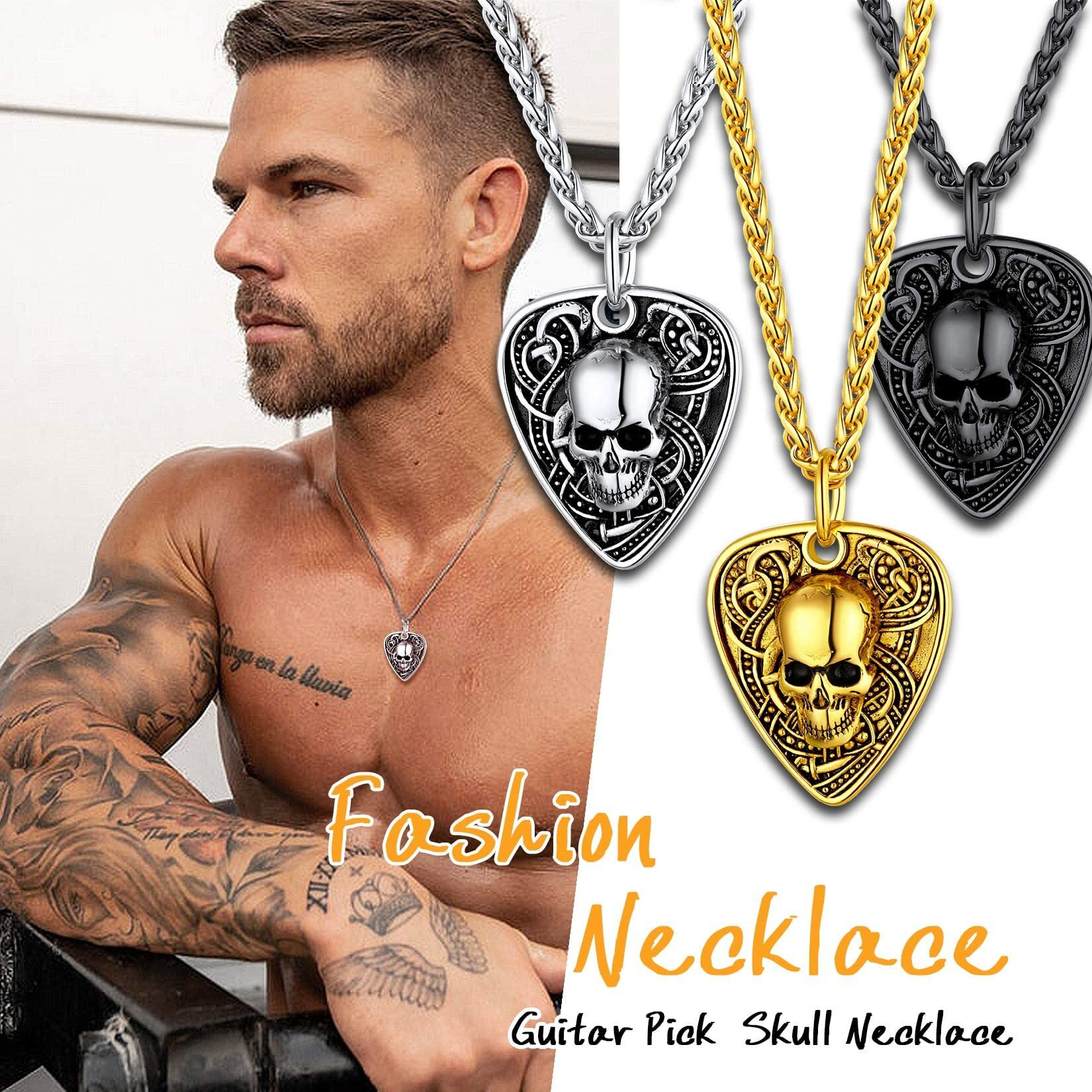 U7 Guitar Pick Necklace For Men Ion Plating Black Stainless Steel Hip Hop Punk Pendant Personalized Gothic Skull Guitar Picks Necklaces 22""