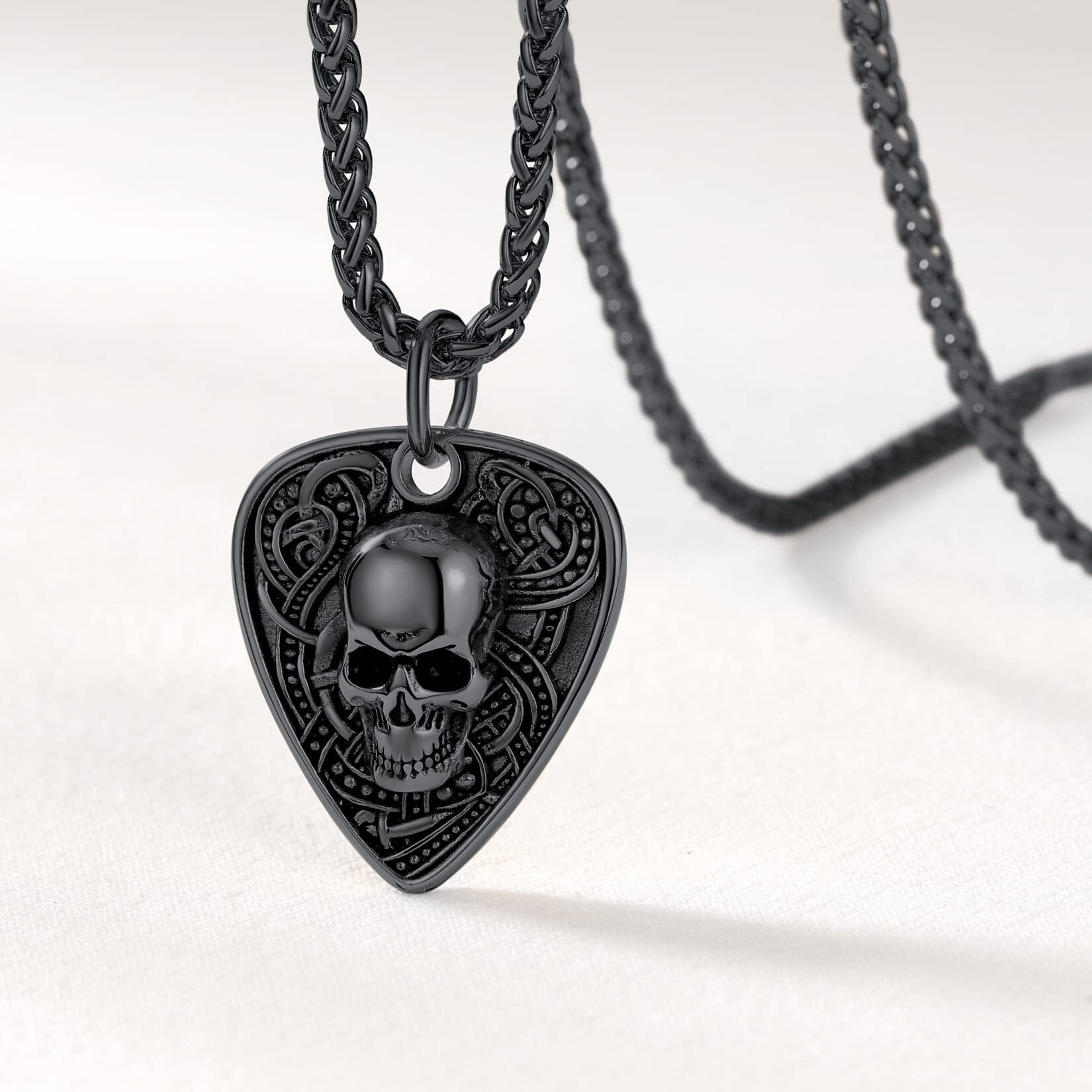 U7 Guitar Pick Necklace For Men Ion Plating Black Stainless Steel Hip Hop Punk Pendant Personalized Gothic Skull Guitar Picks Necklaces 22""
