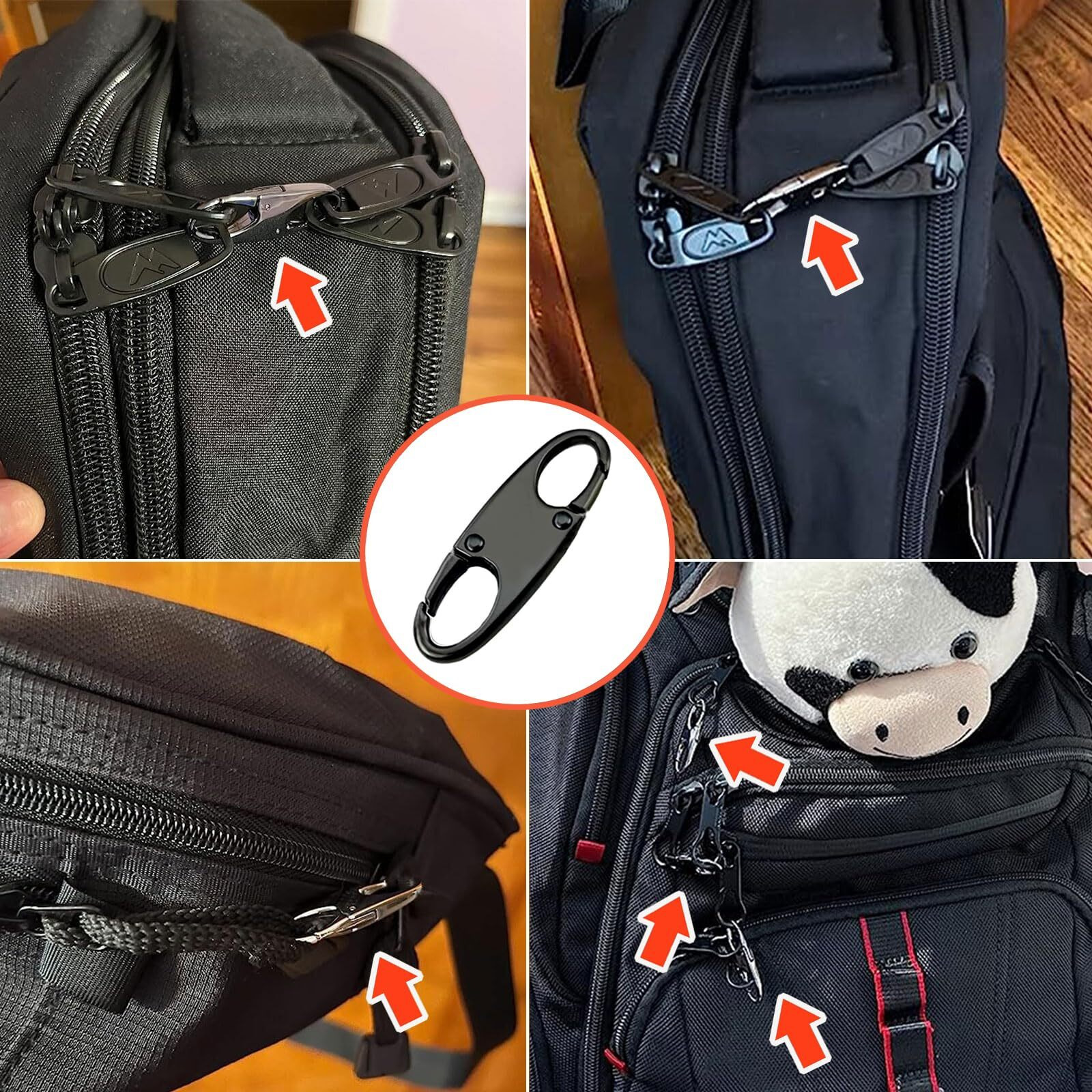 Zipper Clip Theft Deterrent,Double Opening Zipper Pull Replacement,Detachable Zipper Connectors Zipper Lock-Black 4Pcs