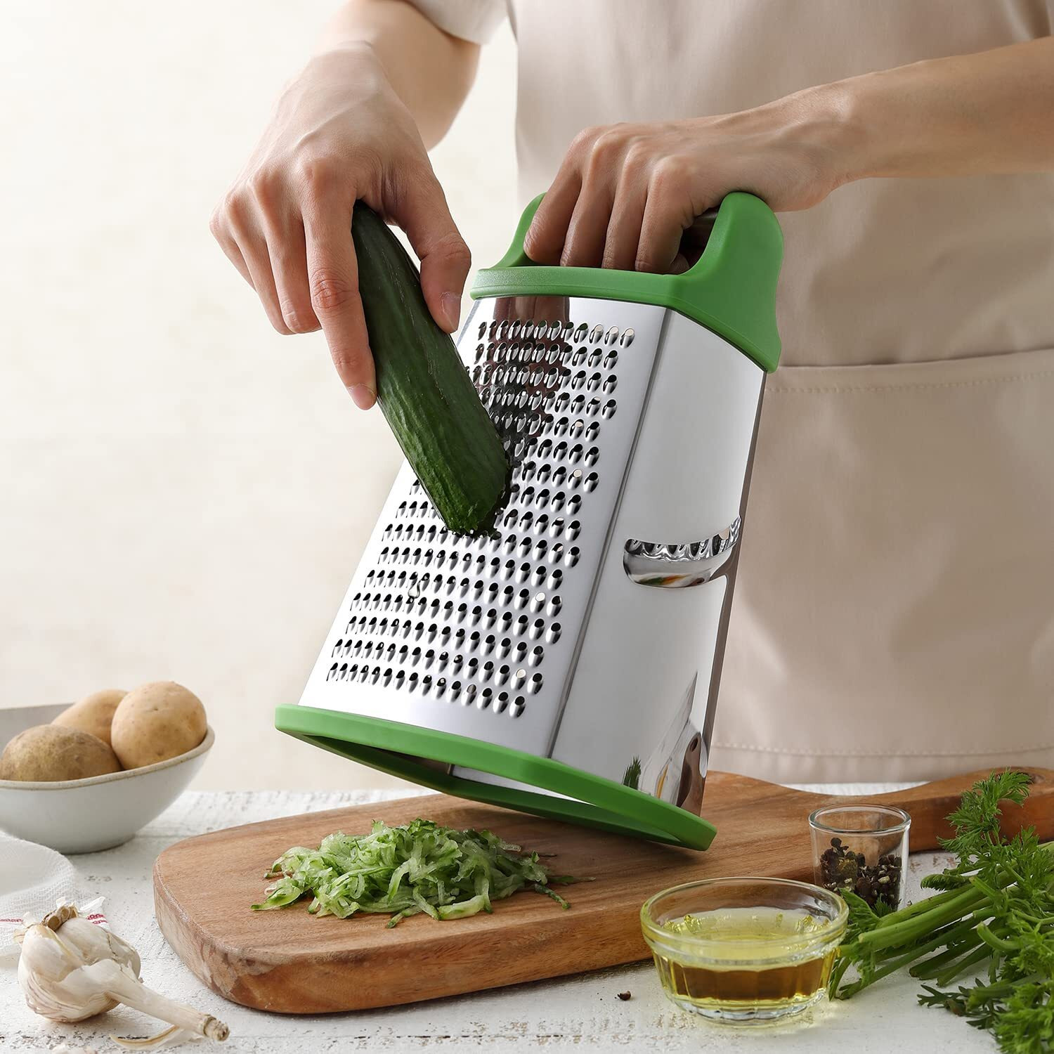 Spring Chef Professional Cheese Grater - Stainless Steel 4 Sided Handheld Box Grater For Kitchen, Xl Size - Perfect Shredder For Parmesan Cheese, Vegetables, Ginger - Dishwasher Safe - Green