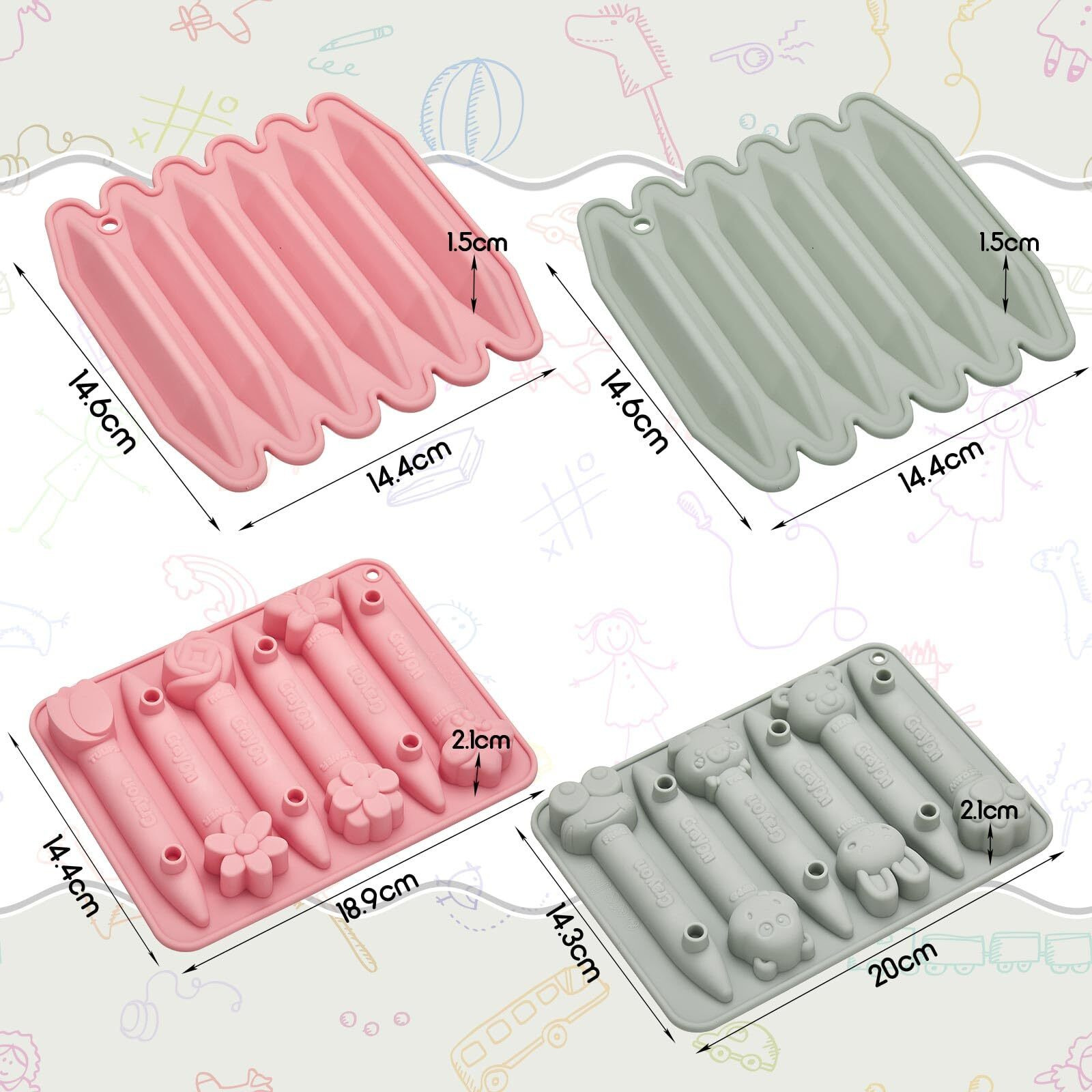 4 Pack Assorted Crayon Molds Cavity 3D Crayon Silicone Mold Triangular Crayon Molds Silicone Chocolate Making Molds For Diy Wax Crayons Candle Melting Animal Flower Chocolate Pen Shapes, Pink Gray