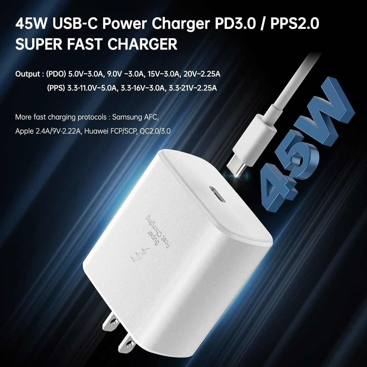For 45W Samsung Charger Super Fast Charging Usb Type C Charger Pd Pps For Samsung Galaxy S24 S23 S22 Ultra Plus S20 Tab S8 S7 Fe Ultra Plus Note 20 S21 A53 A52 Z Fold Flip 4 6.6Ft 5A Type-C Cord White