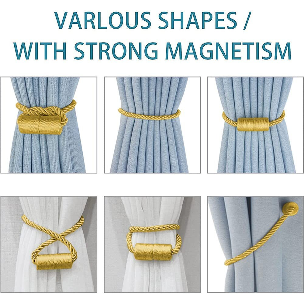 Xderlin 2 Pack Strong Magnetic Curtain Tiebacks Outdoor Decorative Tie Backs Modern Rope Tiebacks Modern Handmade Tie Backs Decorative Curtain Holdbacks For Raperies-Gold