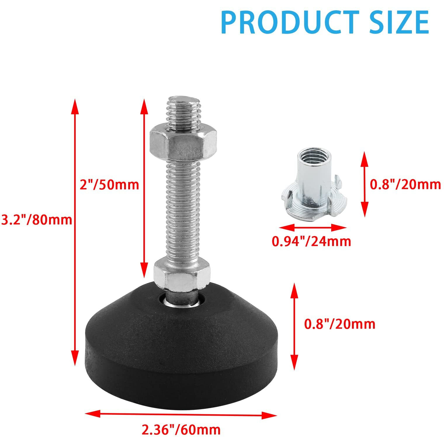 Luomorgo 4 Pcs M10 Leveling Feet With T-Nut, Anti Skid Threaded Rubber Feet, Adjustable Swivel Levelers For Furniture Feet, Heavy Duty Appliance Feet For Mechanical Equipment (D60 X M10 X H50)