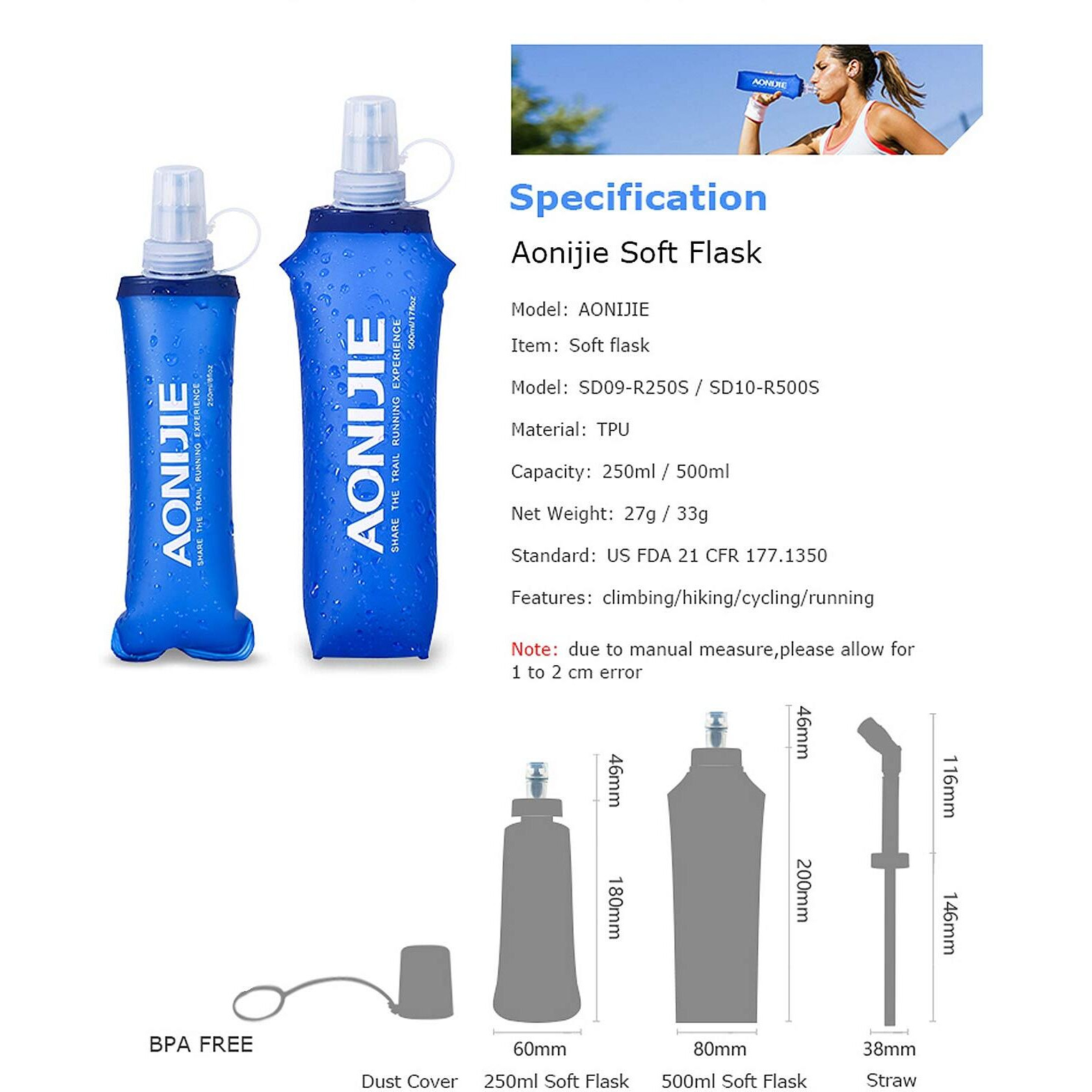 Aonijie Tpu Soft Folding Water Bottles Collapsible Flask For Hydration Pack For Running Hiking Cycling Climbing Pack Of 2 (250Ml -Pack Of 2)