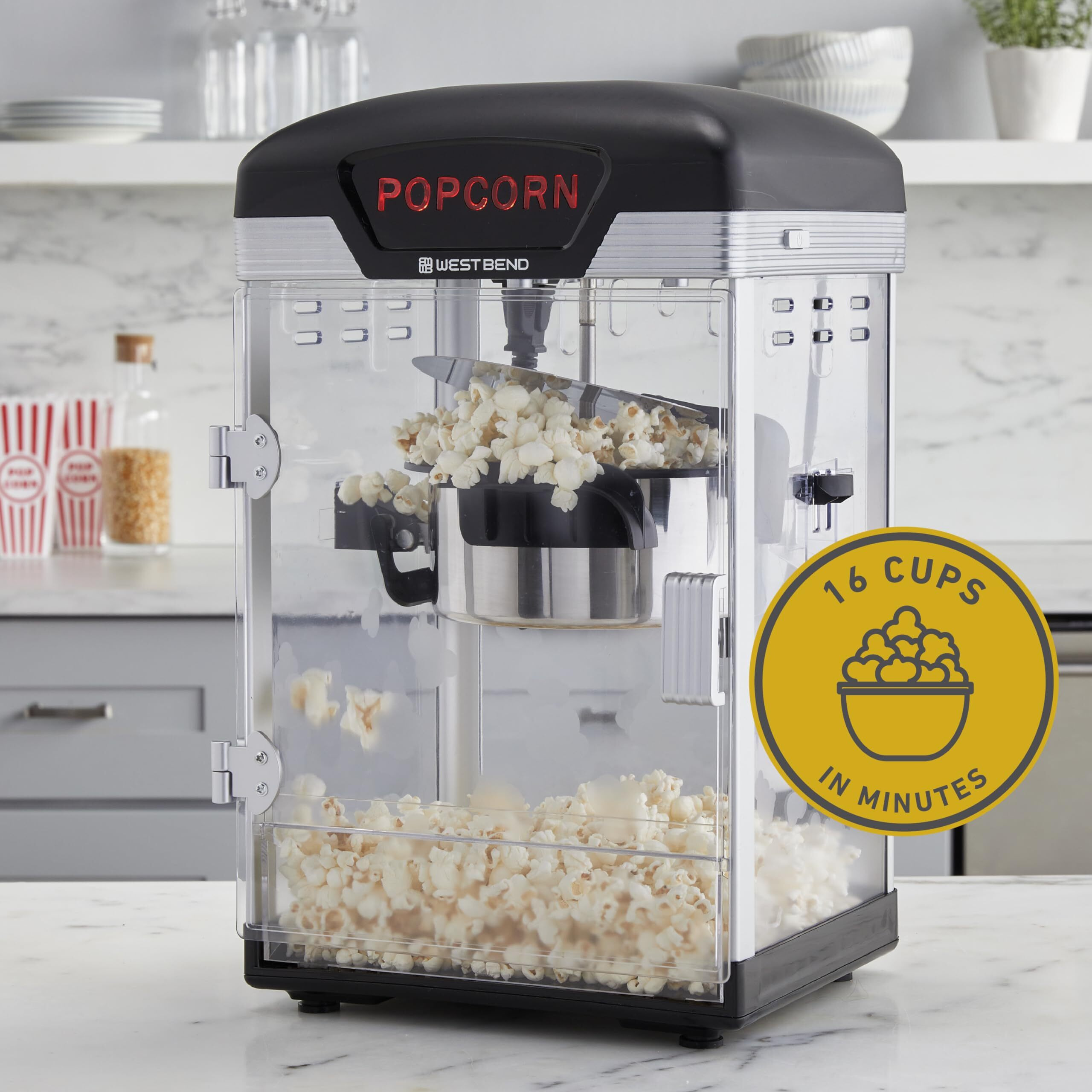 West Bend Stir Crazy Movie Theater Popcorn Popper, Gourmet Popcorn Maker Machine With Nonstick Popcorn Kettle And Popcorn Scoop For Popcorn Machine, 4 Qt., Black