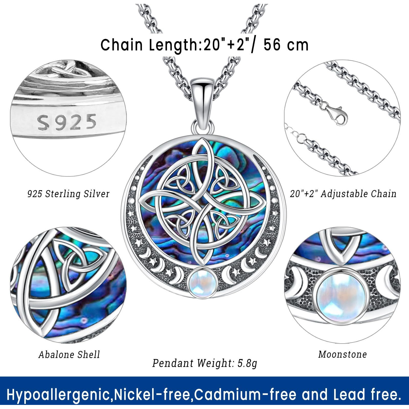 Nudo De Bruja Plata 925 Original Amuleto De Proteccion De Brujeria Witches Knot Necklace Celtic Knot Jewelry Irish Moon Phase Pendant Moonstone Sterling Silver Pagan Witch Witchy Women Talisman Abalone