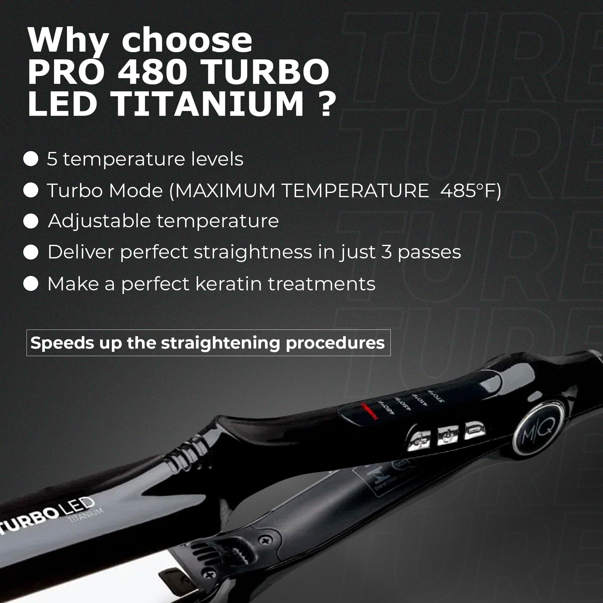 Mq Hair - Professional Titanium Flat Iron 480F Turbo - Bivolt, Anatomic Design, Ultra-Smooth, Mirror Effect - 3 Passes Needed, Perfect Straightening - Heating Safe Control, Ionized Plates - Black