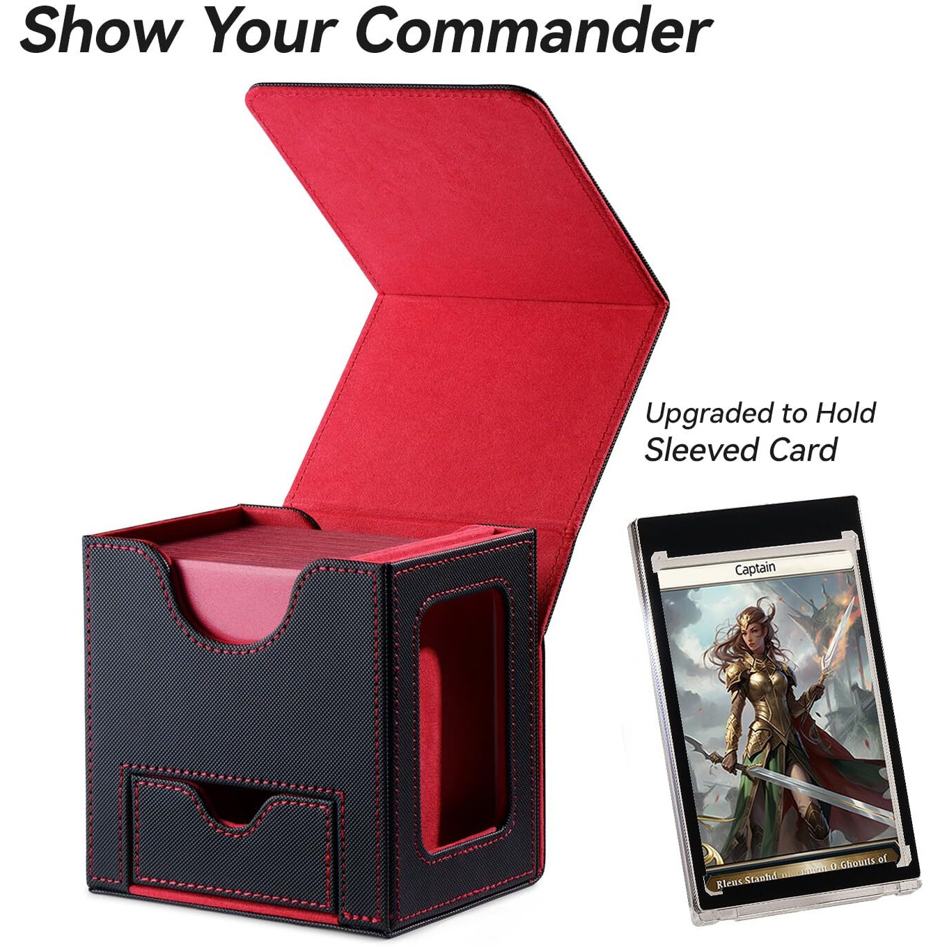 Mage Tech Card Deck Box For Mtg Commander - Patented Design, Commander Display, Fits 100 Double-Sleeved Cards, 35Pt Card Brick & Dice Tray - Black/Red