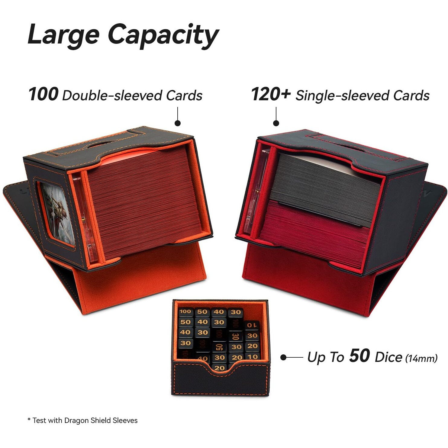 Mage Tech Card Deck Box For Mtg Commander - Patented Design, Commander Display, Fits 100 Double-Sleeved Cards, 35Pt Card Brick & Dice Tray - Black/Red