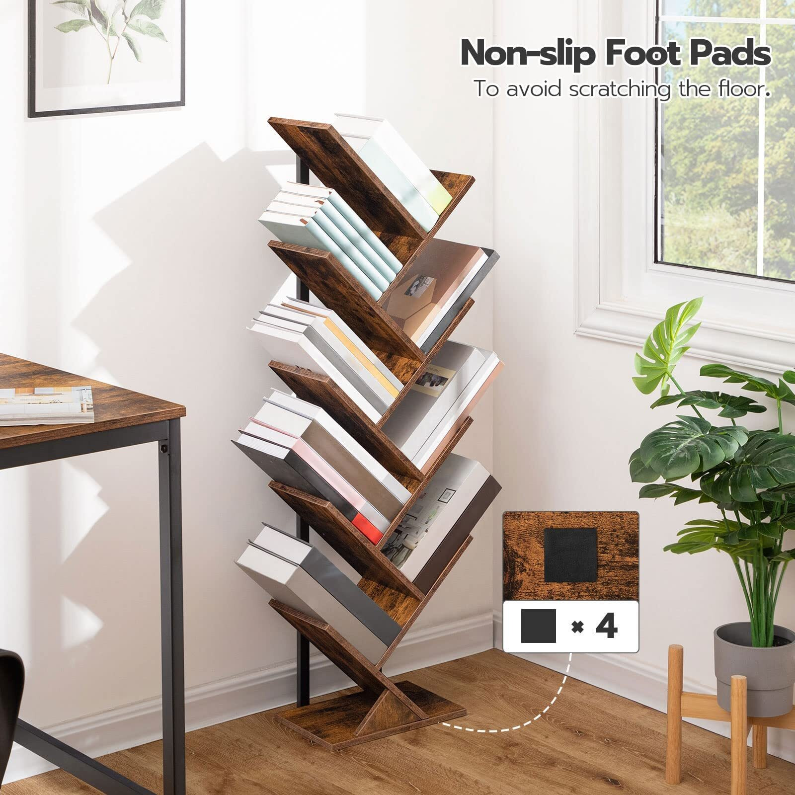 Hoobro Tree Bookshelf, 9-Tier Bookcase Wooden Shelves, Floor Standing Storage Rack, For Display Of Cds, Books In Living Room, Home Office, Wood Storage Rack For Bedroom, Rustic Brown Bf08Sj01G1