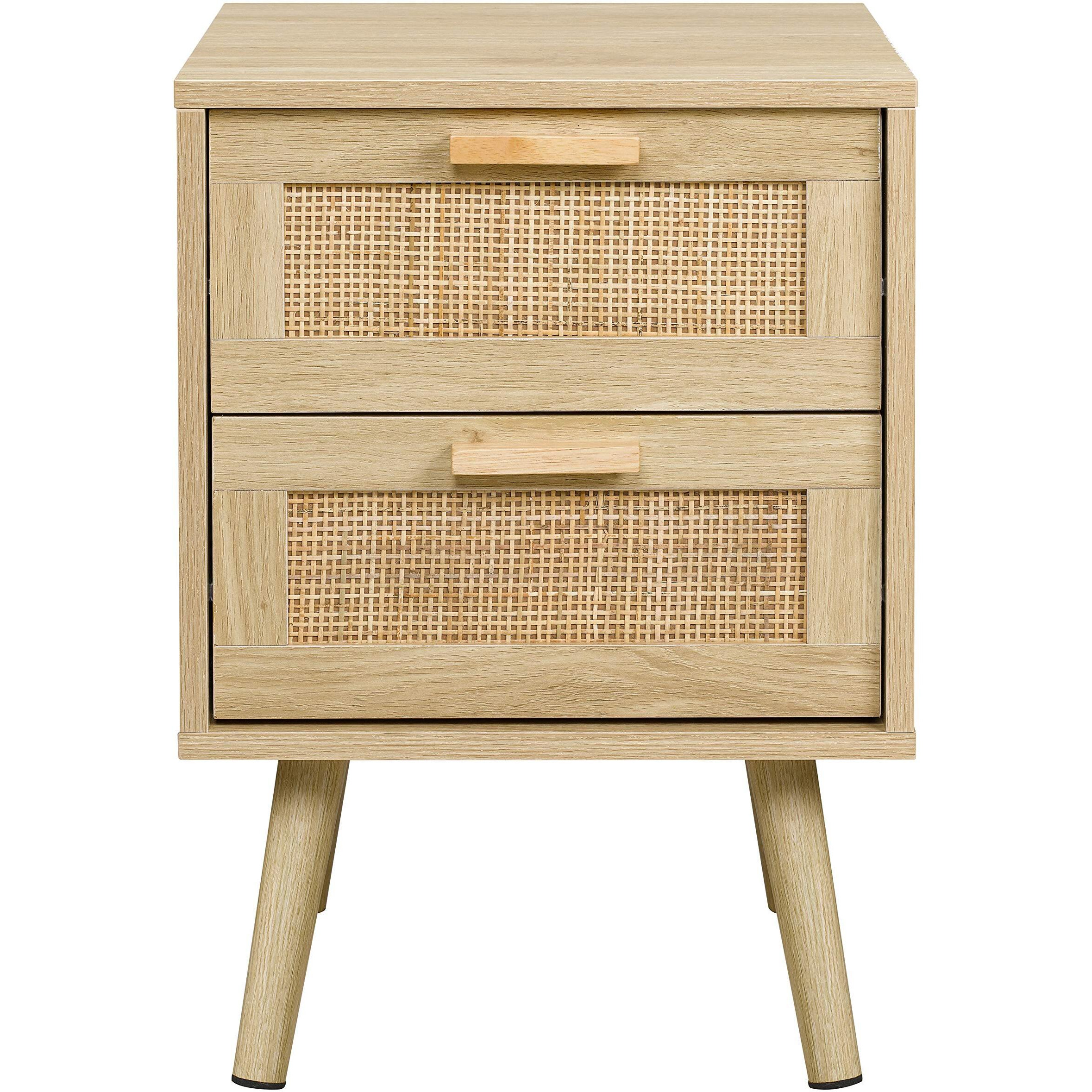 Finnhomy Nightstand, End Table, Side Table With 2 Hand Made Rattan Decorated Drawers, Wood Accent Table With Storage For Bedroom, Natural (Patented)