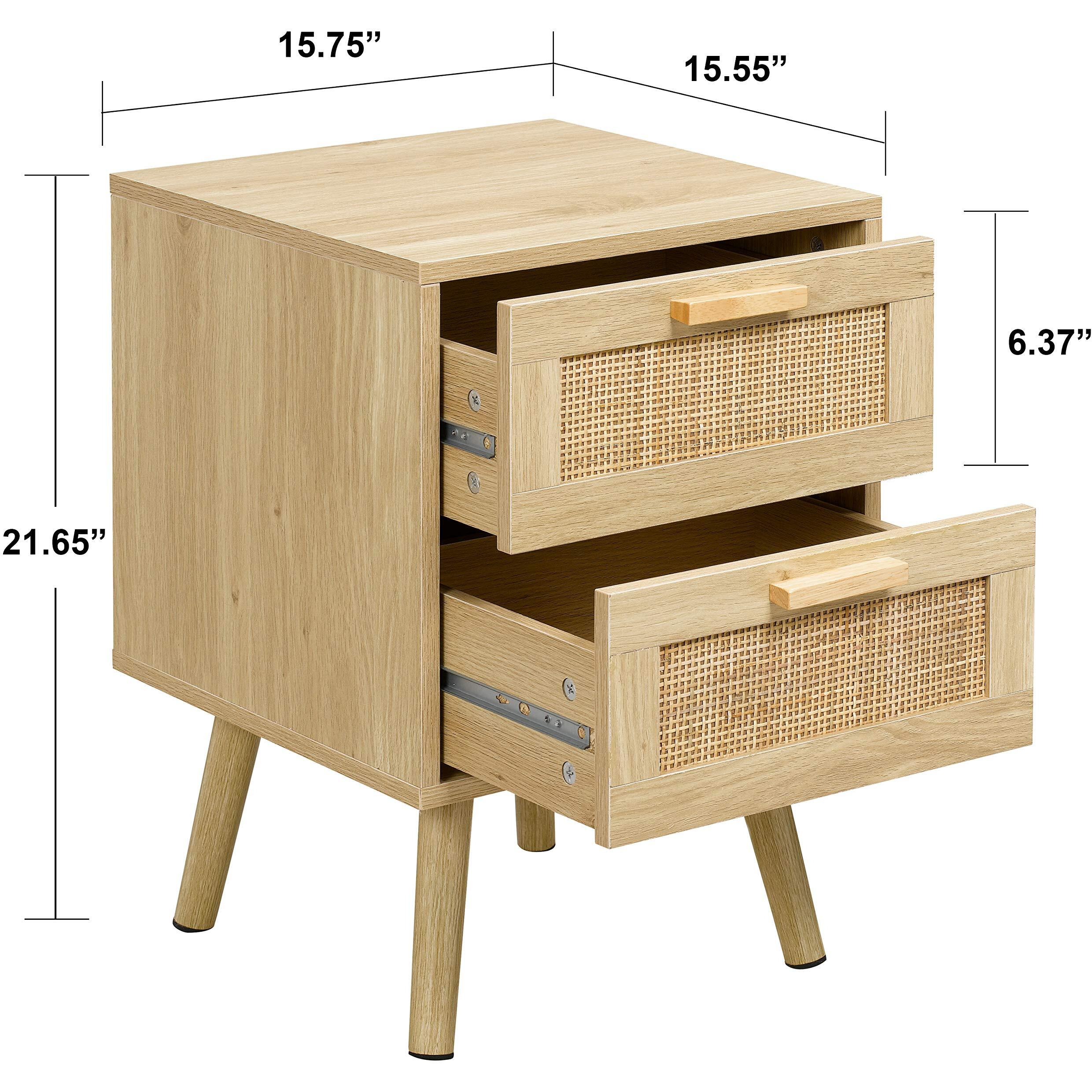 Finnhomy Nightstand, End Table, Side Table With 2 Hand Made Rattan Decorated Drawers, Wood Accent Table With Storage For Bedroom, Natural (Patented)