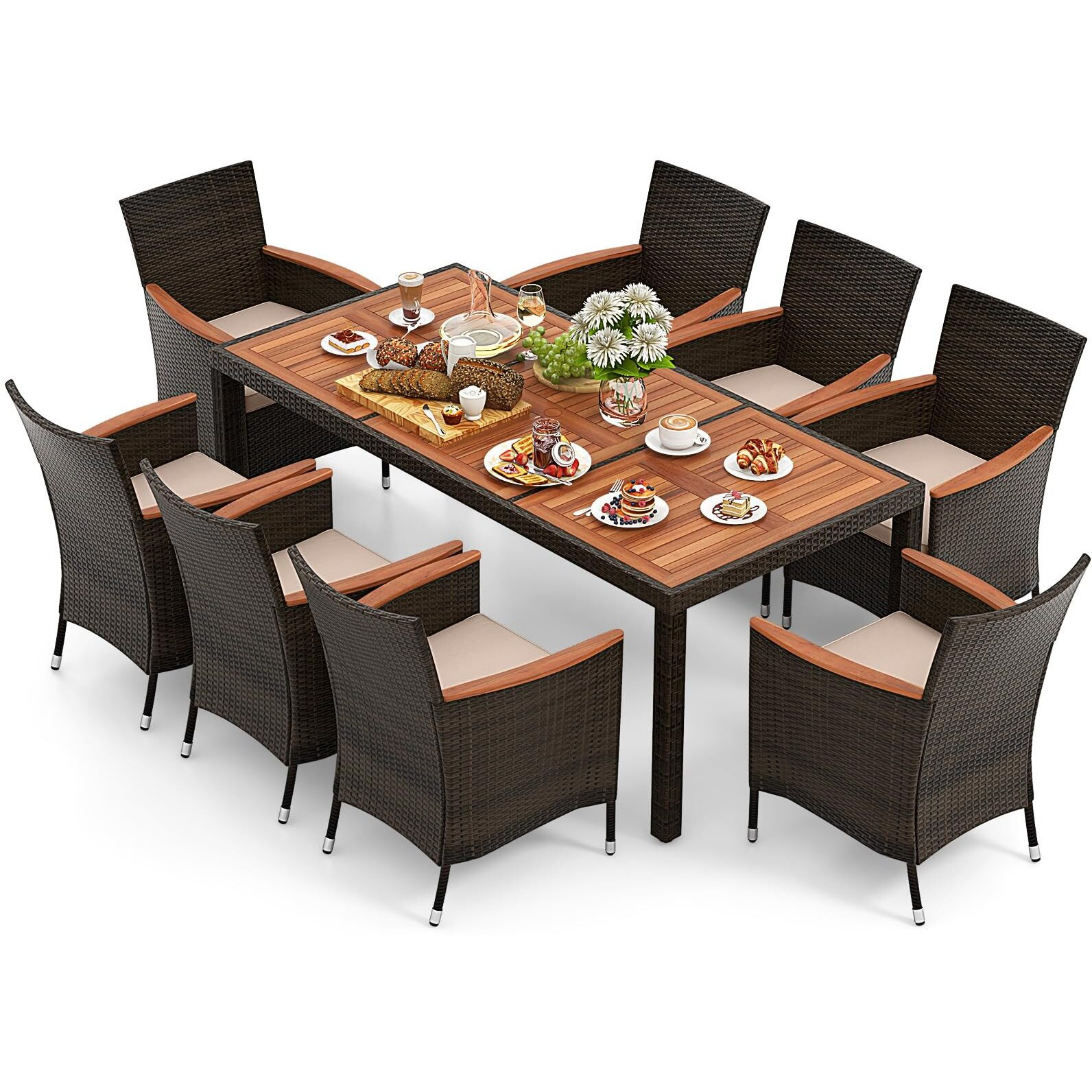 Tangkula 9 Piece Outdoor Dining Set, Patio Wicker Furniture Set With Acacia Wood Table Top W/Umbrella Hole, Rattan Dining Table Chairs Conversation Set Perfect For Outdoor And Indoor