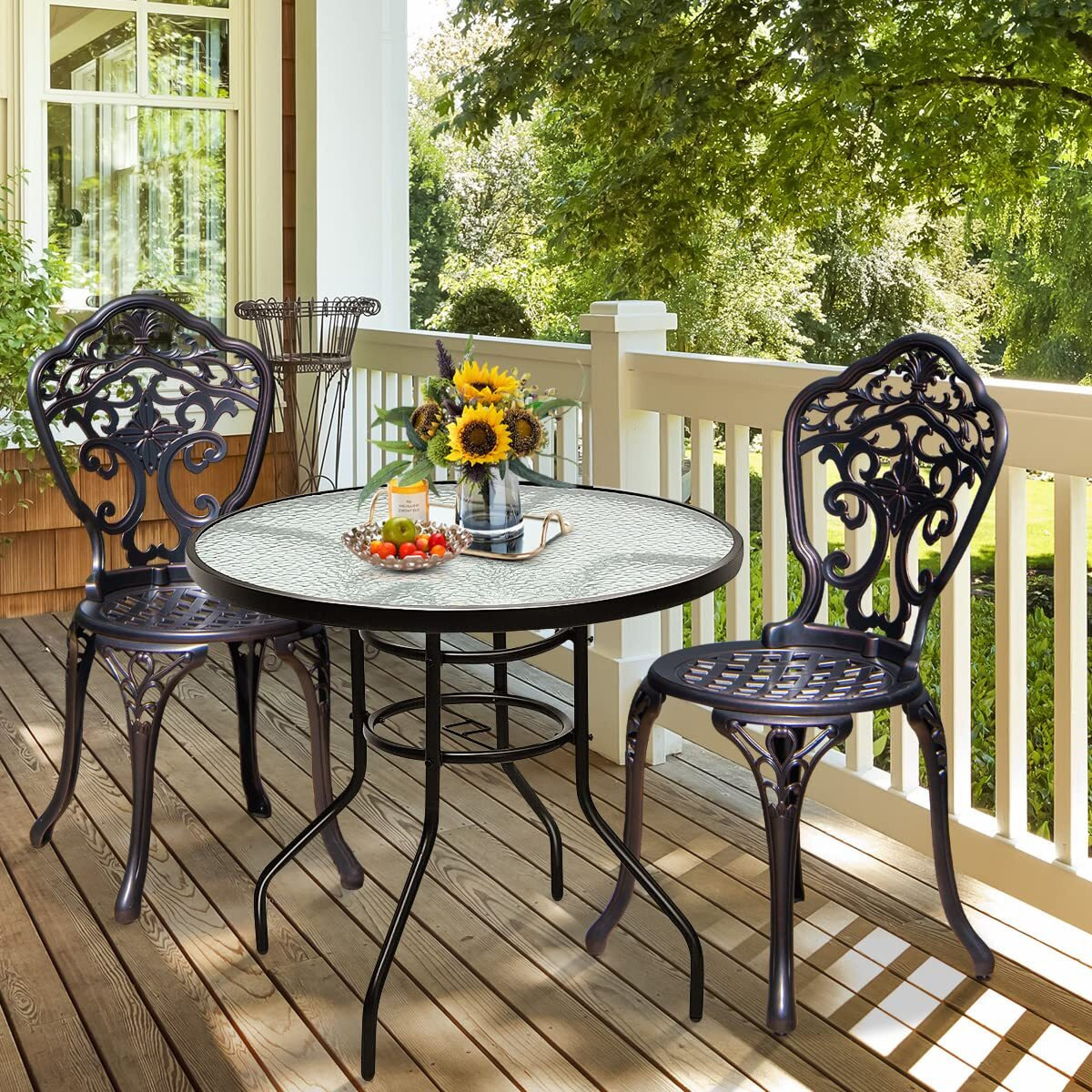 Kotek 32'' Patio Table With Umbrella Hole, Outdoor Bistro Table W/Tempered Glass Top & Sturdy Metal Frame, Round Patio Dining Table Coffee Table For Garden, Balcony, Poolside
