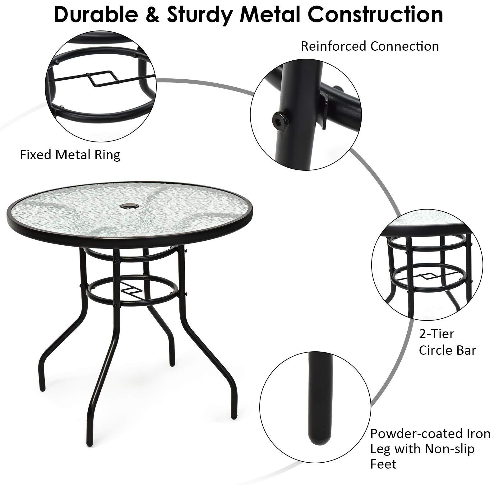 Kotek 32'' Patio Table With Umbrella Hole, Outdoor Bistro Table W/Tempered Glass Top & Sturdy Metal Frame, Round Patio Dining Table Coffee Table For Garden, Balcony, Poolside