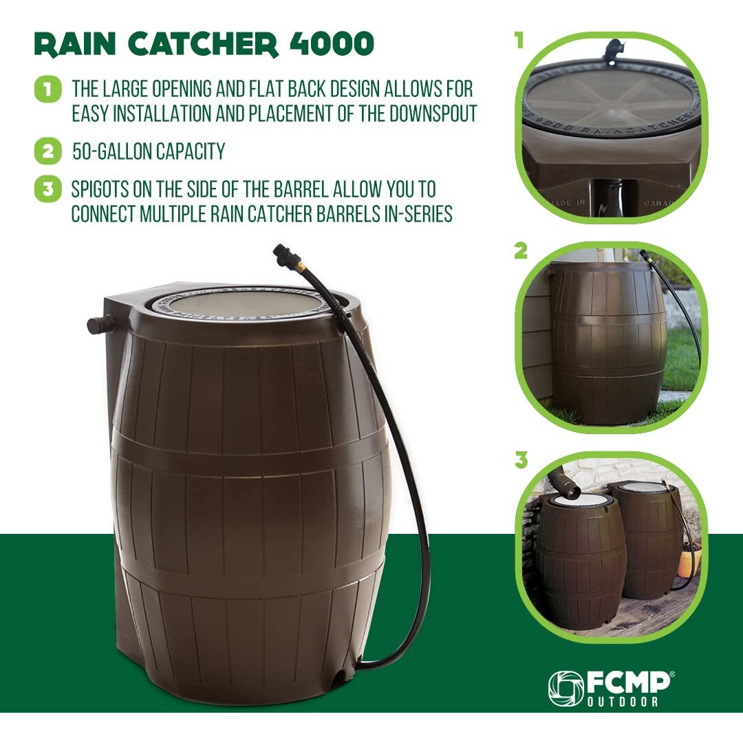 Fcmp Outdoor Rc4000-Brn 50-Gallon Bpa Free Flat Back Home Rain Catcher Water Storage Collection Barrel For Watering Outdoor Plants & Gardens, Brown