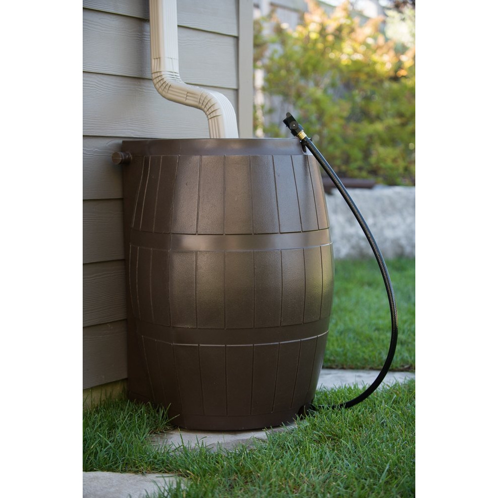 Fcmp Outdoor Rc4000-Brn 50-Gallon Bpa Free Flat Back Home Rain Catcher Water Storage Collection Barrel For Watering Outdoor Plants & Gardens, Brown