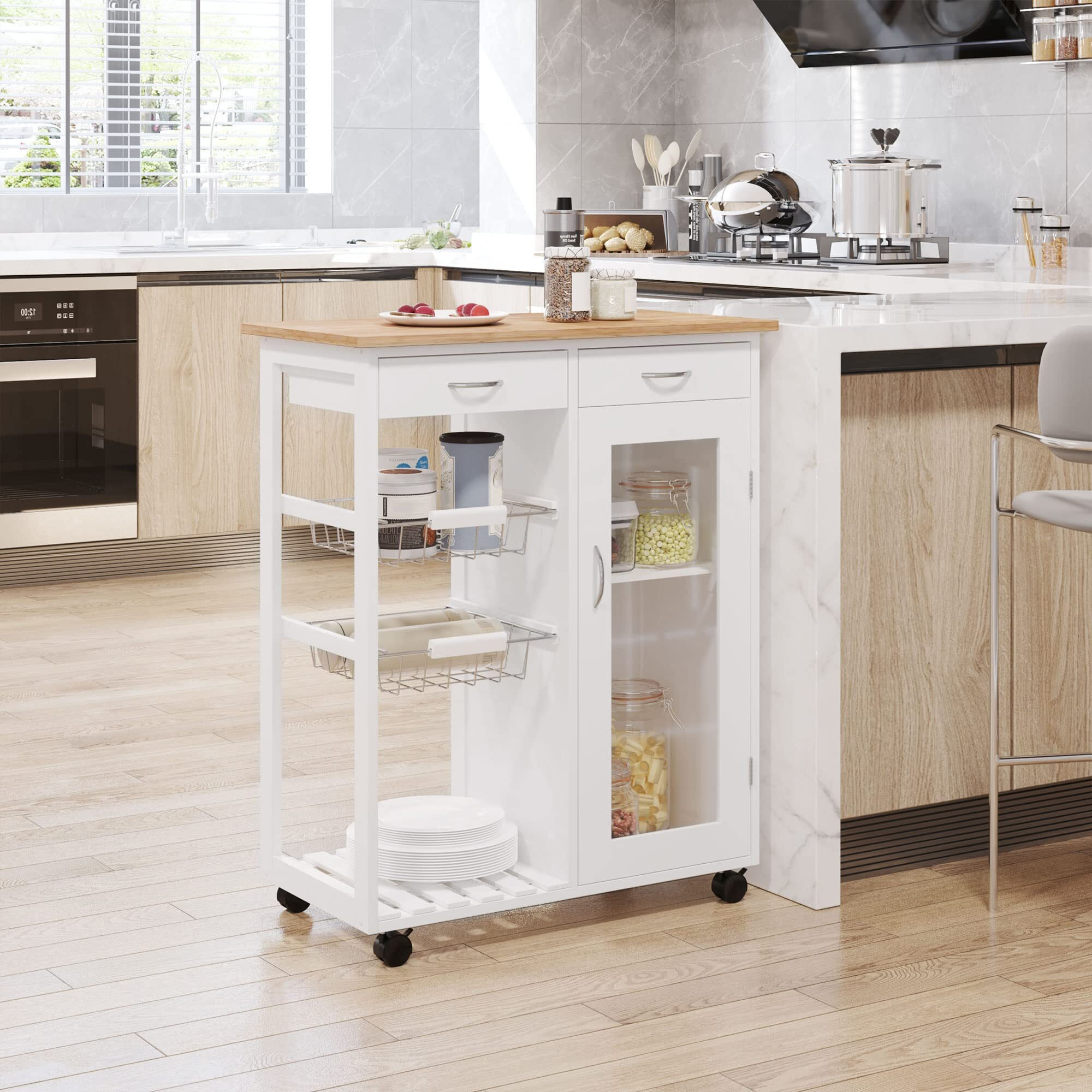 Homcom 28"" Rolling Kitchen Island With Storage, Kitchen Cart With Solid Bamboo Top, Wire Basket,Door Cabinet And Drawers, White